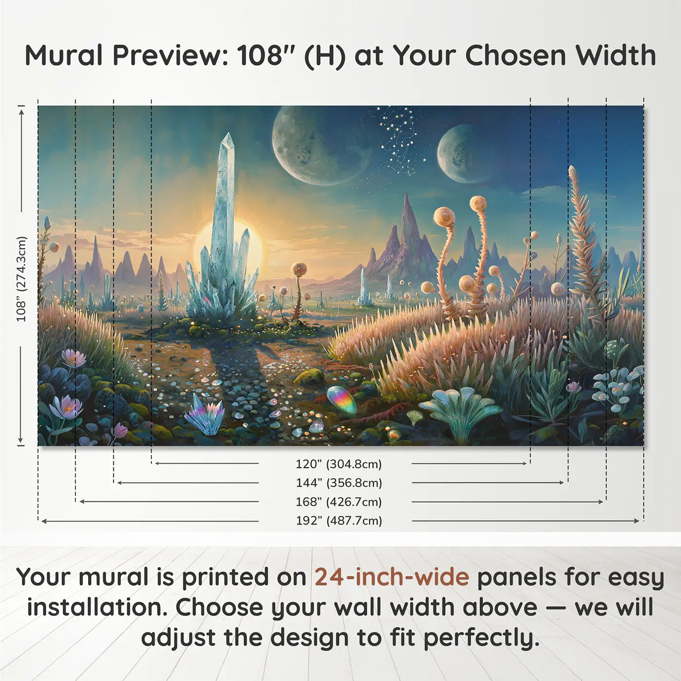 Panel layout and dimensions for Alien Planet Crystal Garden Wallpaper Mural by Whimsy Tots