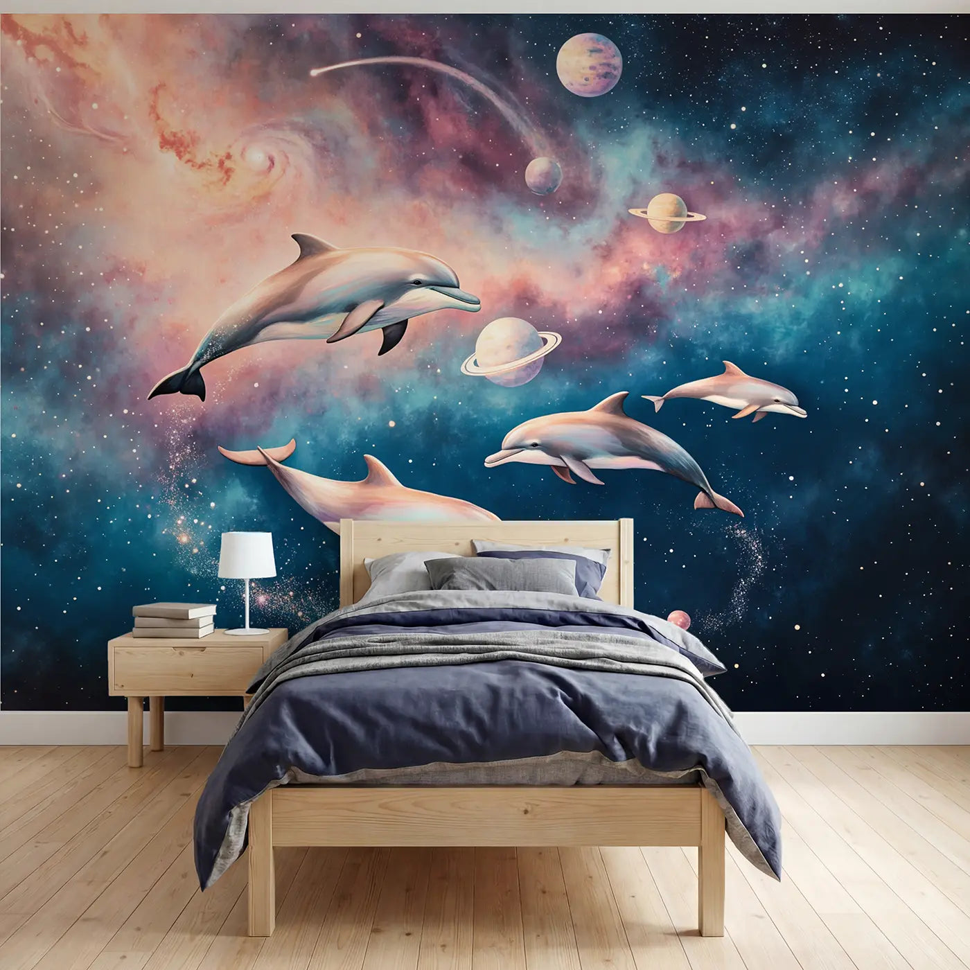 Soft pastel dolphins in cosmic nebula wallpaper mural for boys room by Whimsy Tots
