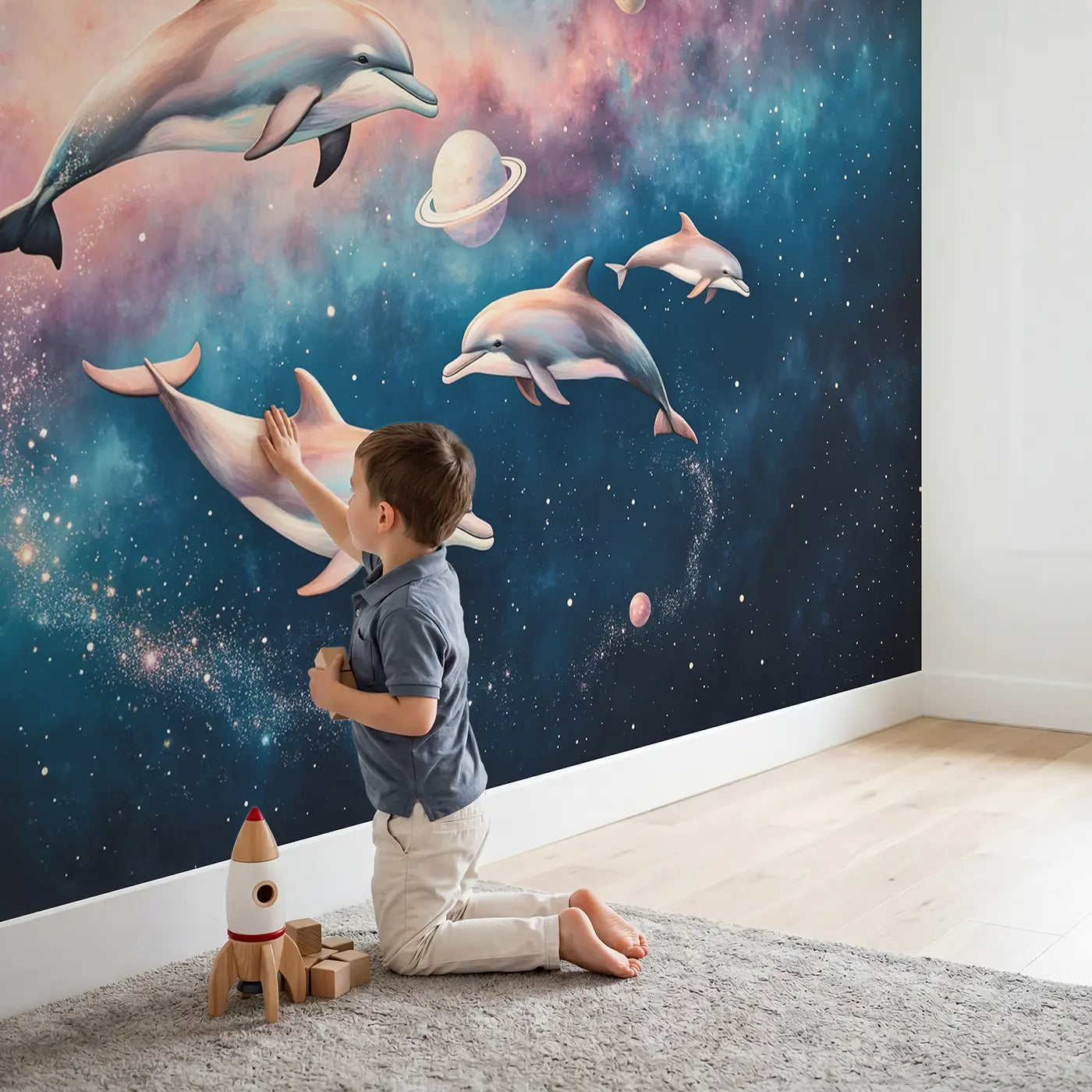Child in nursery with Cosmic Dolphin Nebula Wallpaper Mural by Whimsy Tots