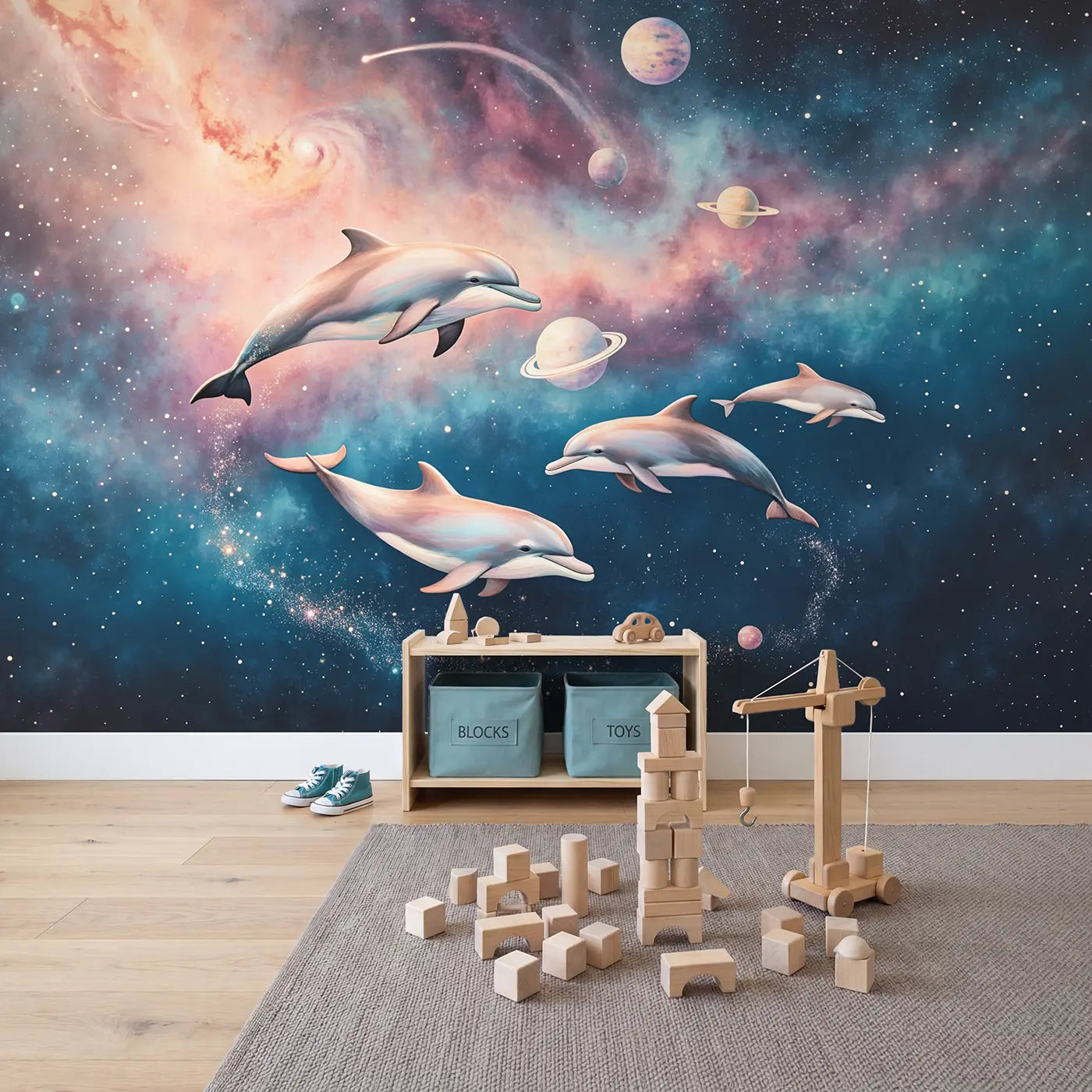 Cosmic Dolphin Nebula Wallpaper Mural in playroom setting by Whimsy Tots