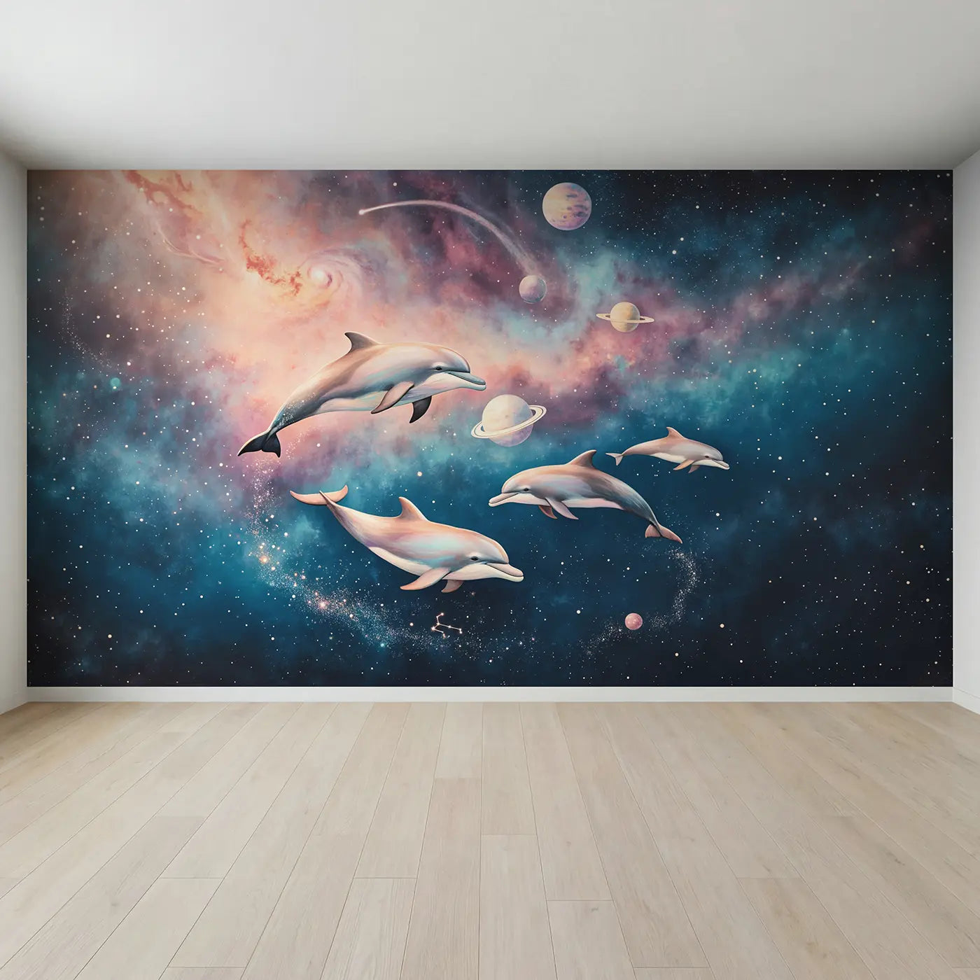 Full view of Cosmic Dolphin Nebula Wallpaper Mural by Whimsy Tots
