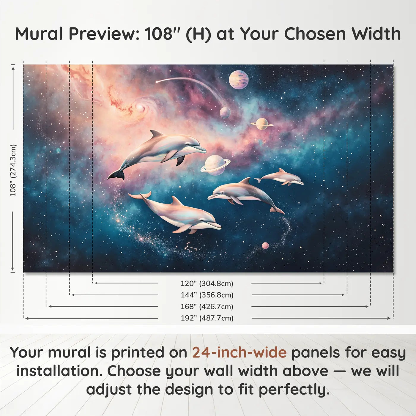 Panel layout and dimensions for Cosmic Dolphin Nebula Wallpaper Mural by Whimsy Tots