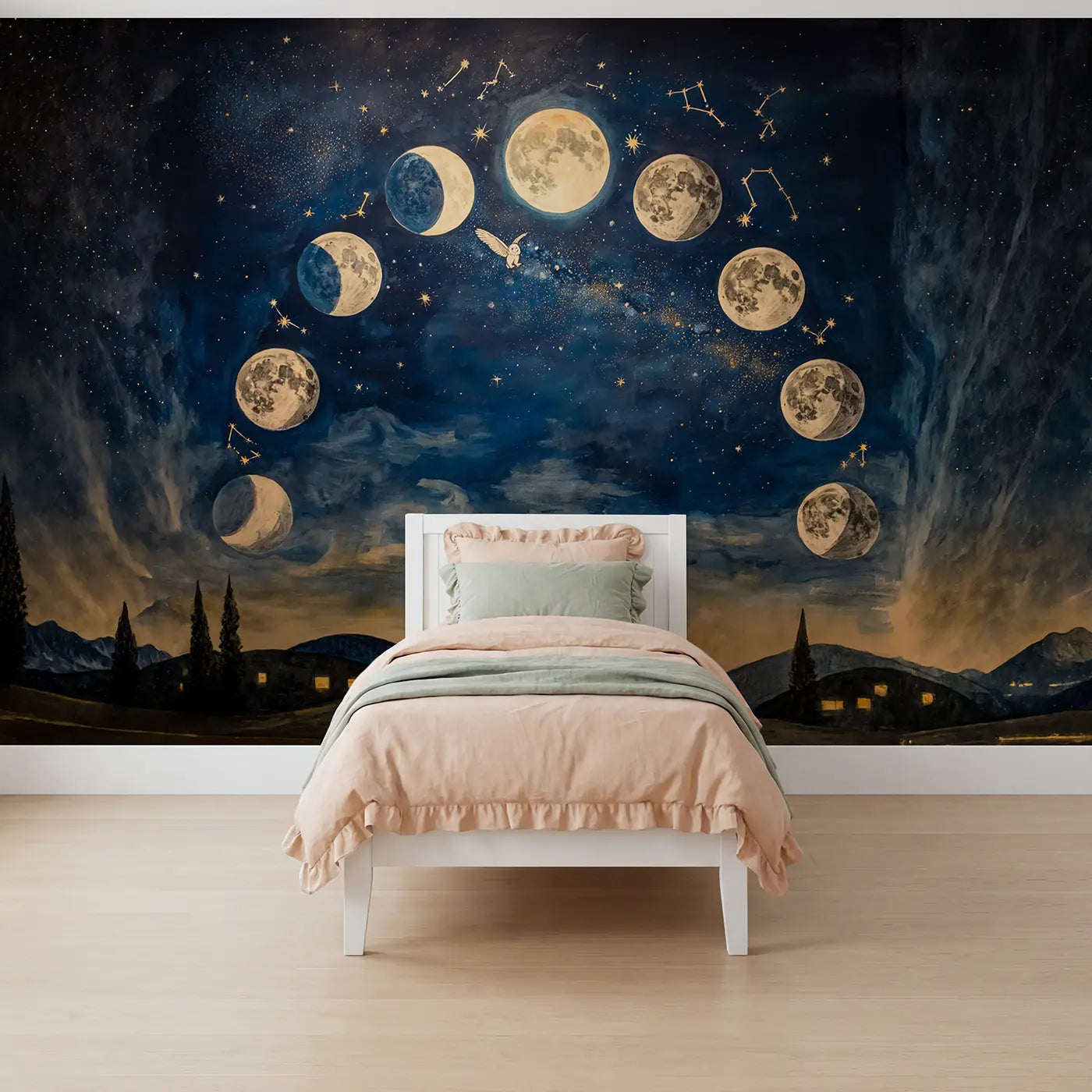 Storybook moon phase arc night sky wallpaper mural for girls room by Whimsy Tots