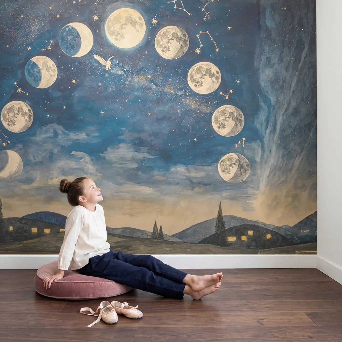 Child in nursery with Moon Phase Arc Night Sky Wallpaper Mural by Whimsy Tots
