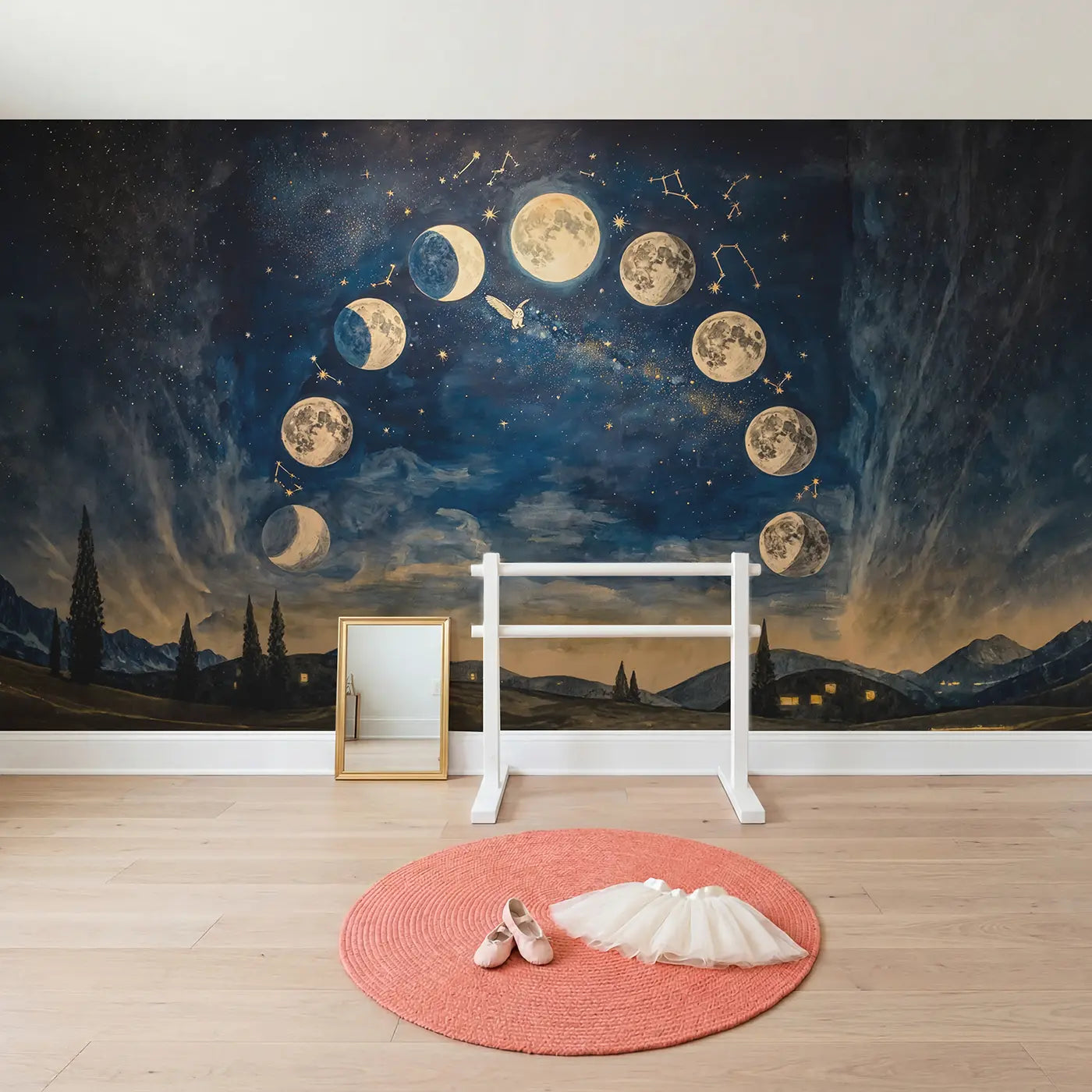 Moon Phase Arc Night Sky Wallpaper Mural in playroom setting by Whimsy Tots