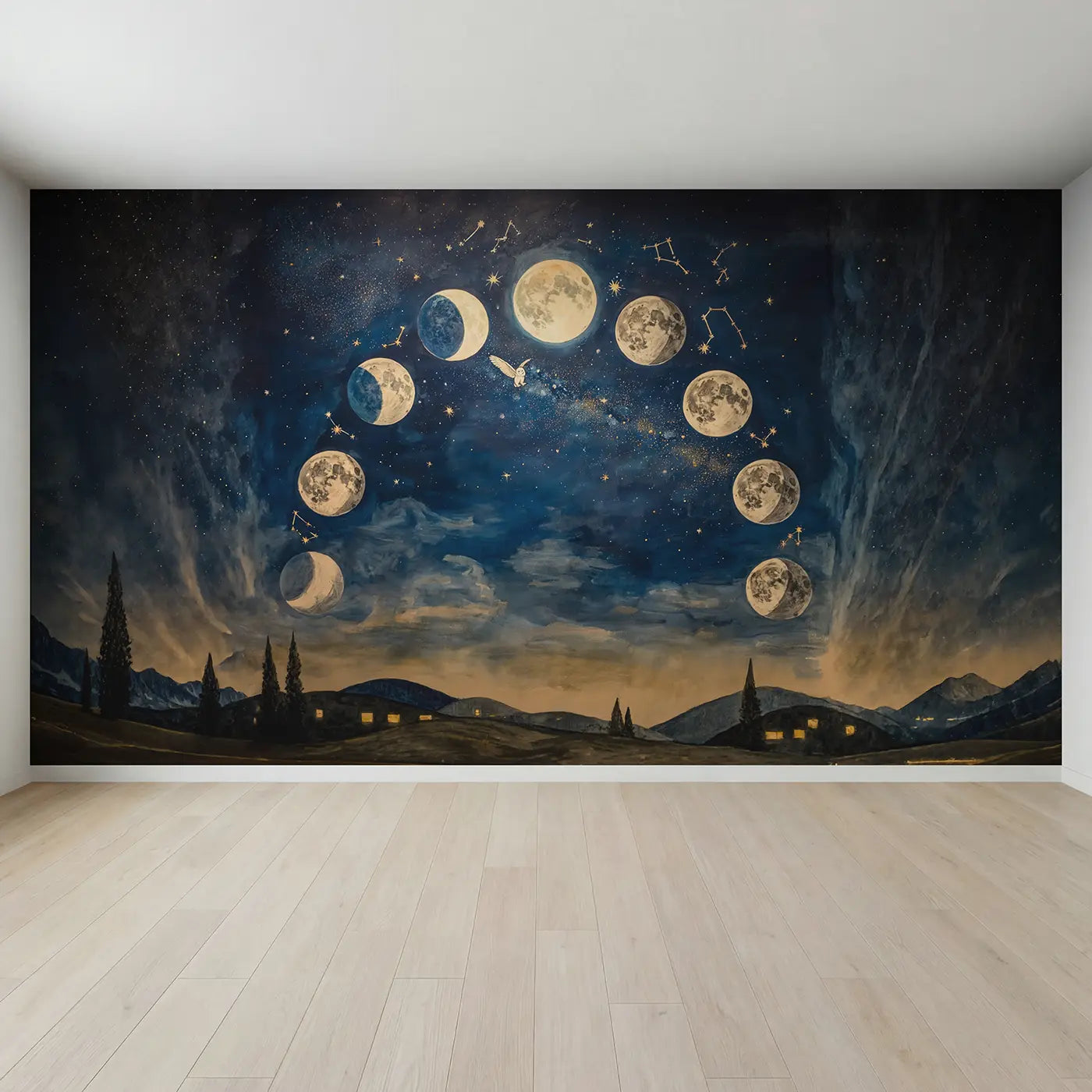 Full view of Moon Phase Arc Night Sky Wallpaper Mural by Whimsy Tots