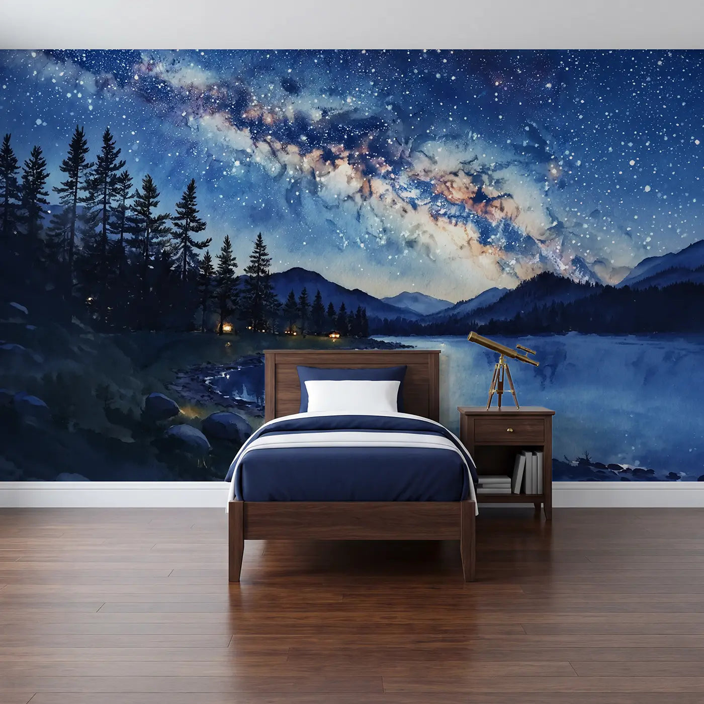 Watercolor milky way night sky stars wallpaper mural for kids room by Whimsy Tots