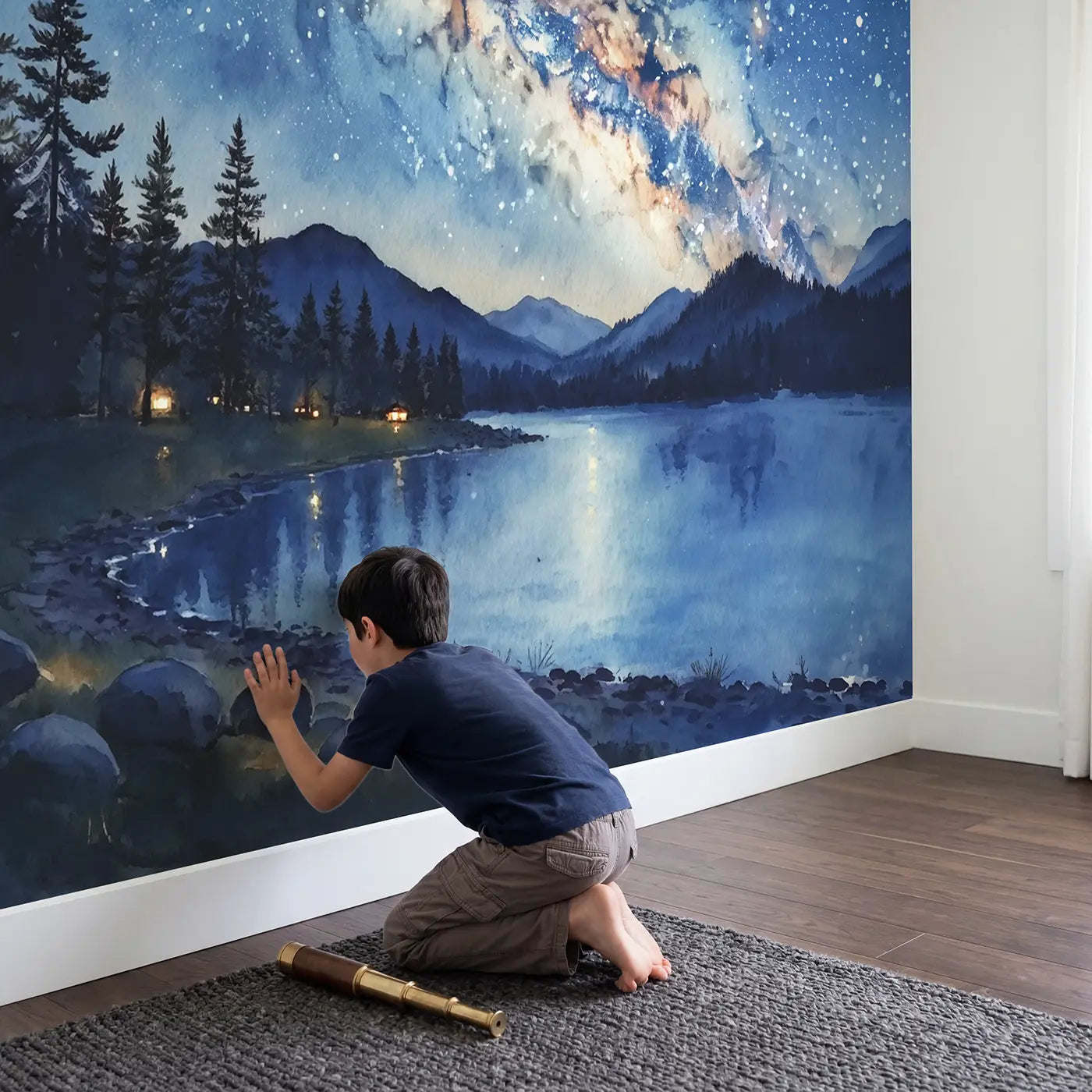 Child in nursery with Milky Way Night Sky Wallpaper Mural by Whimsy Tots