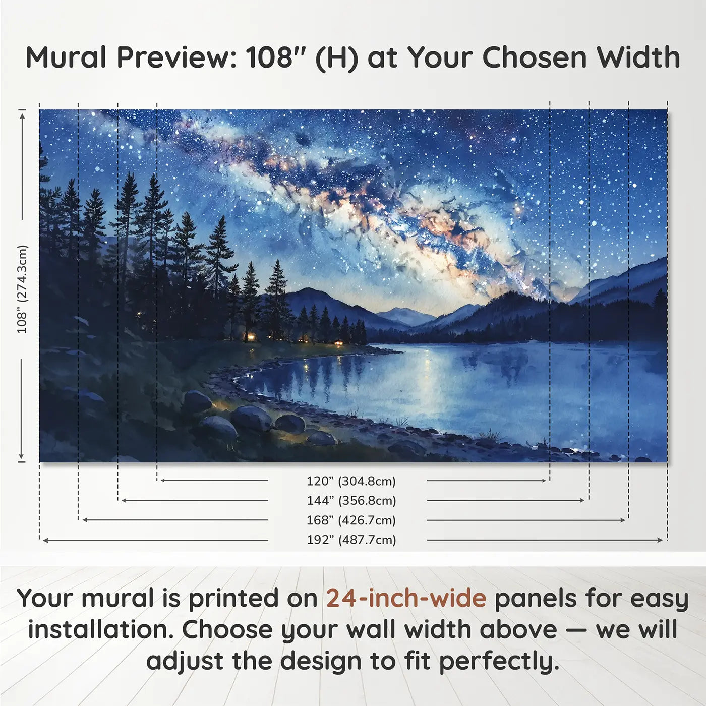 Panel layout and dimensions for Milky Way Night Sky Wallpaper Mural by Whimsy Tots
