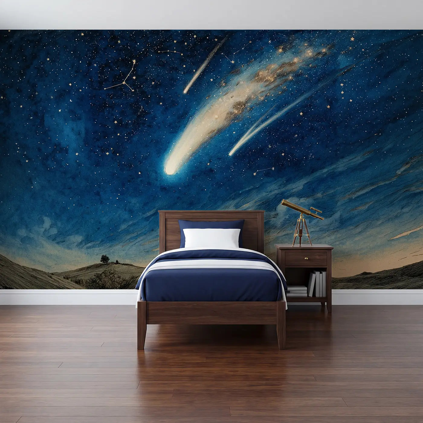 Storybook comet crossing night sky stars wallpaper mural for kids room by Whimsy Tots