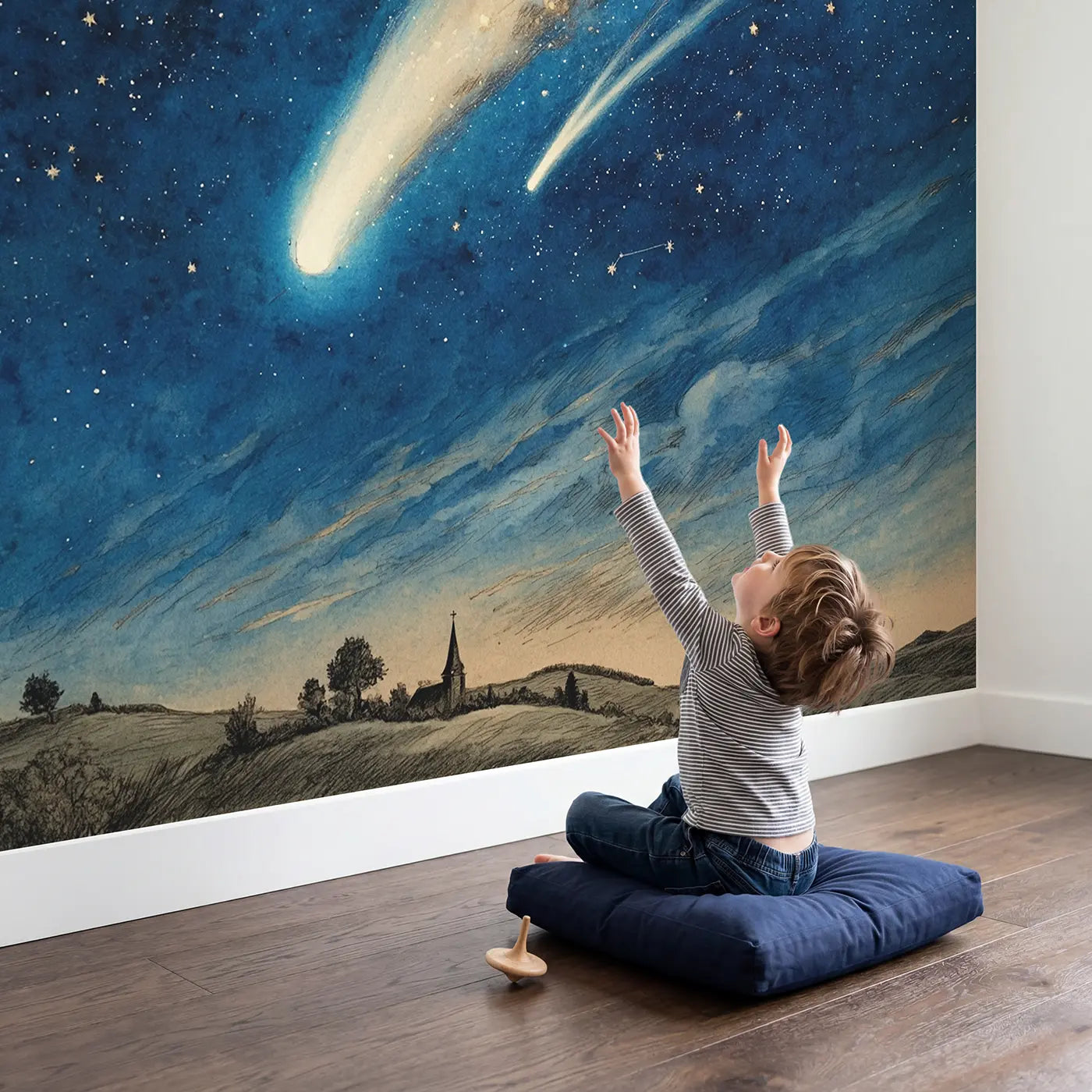 Child in nursery with Comet Crossing Night Sky Wallpaper Mural by Whimsy Tots
