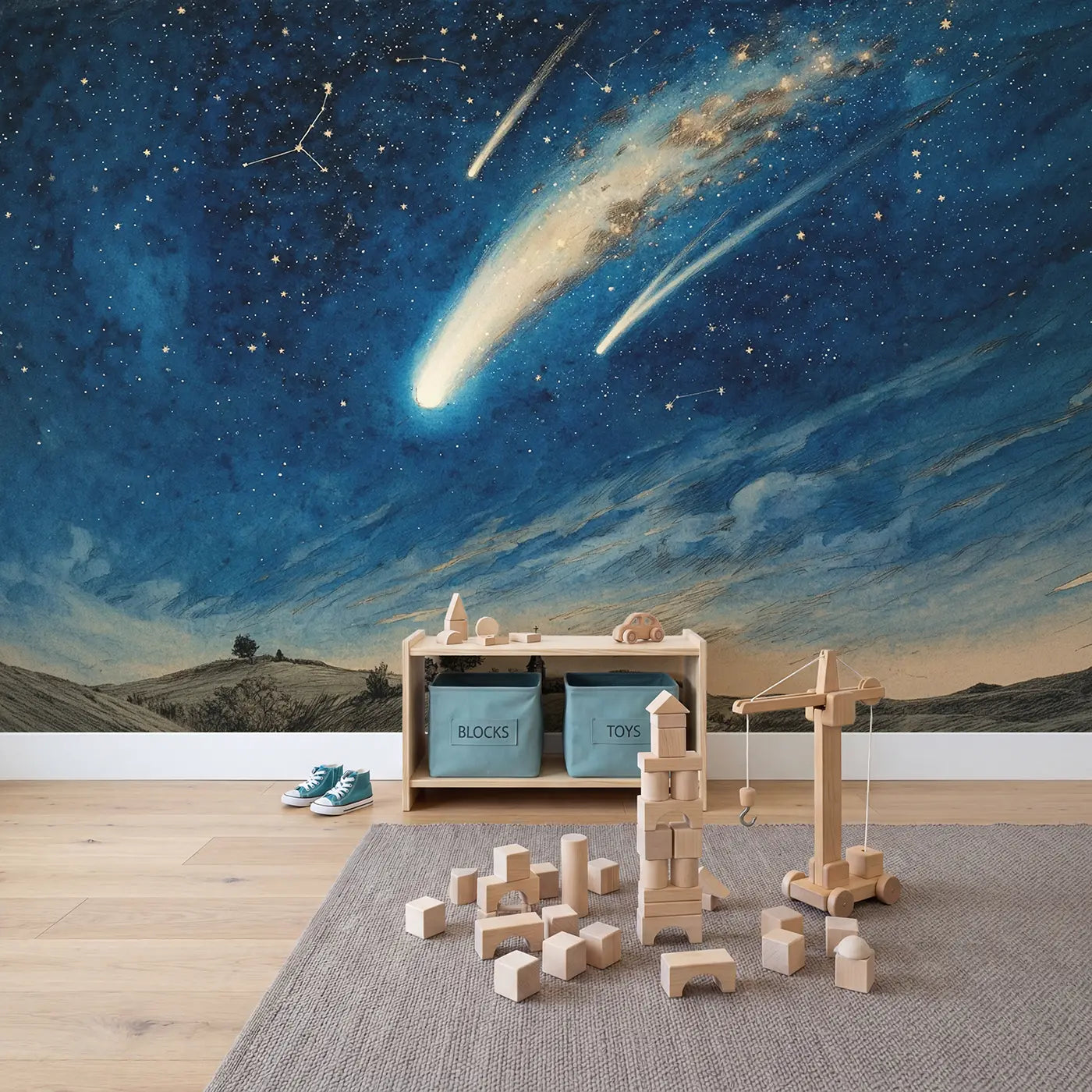 Comet Crossing Night Sky Wallpaper Mural in playroom setting by Whimsy Tots