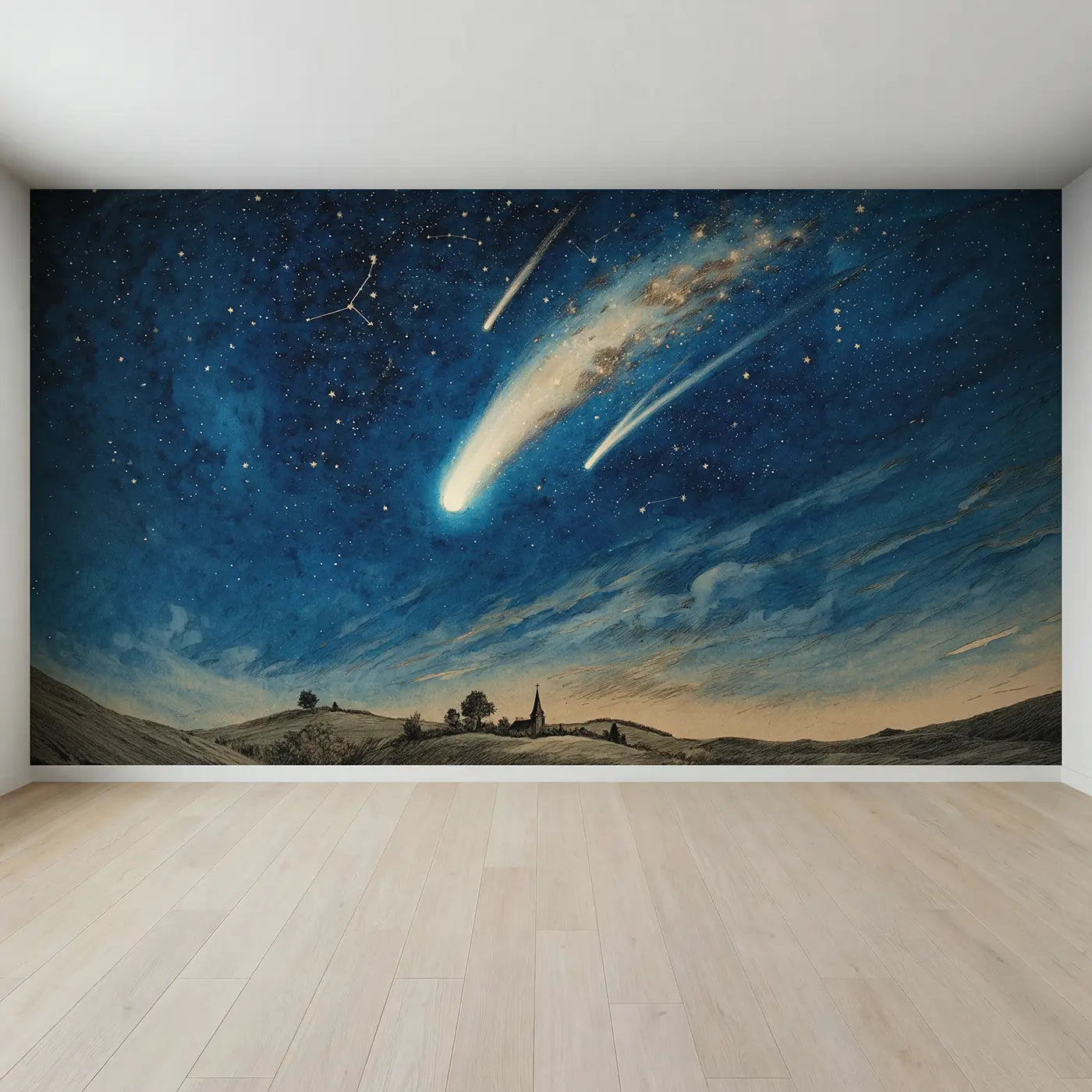 Full view of Comet Crossing Night Sky Wallpaper Mural by Whimsy Tots