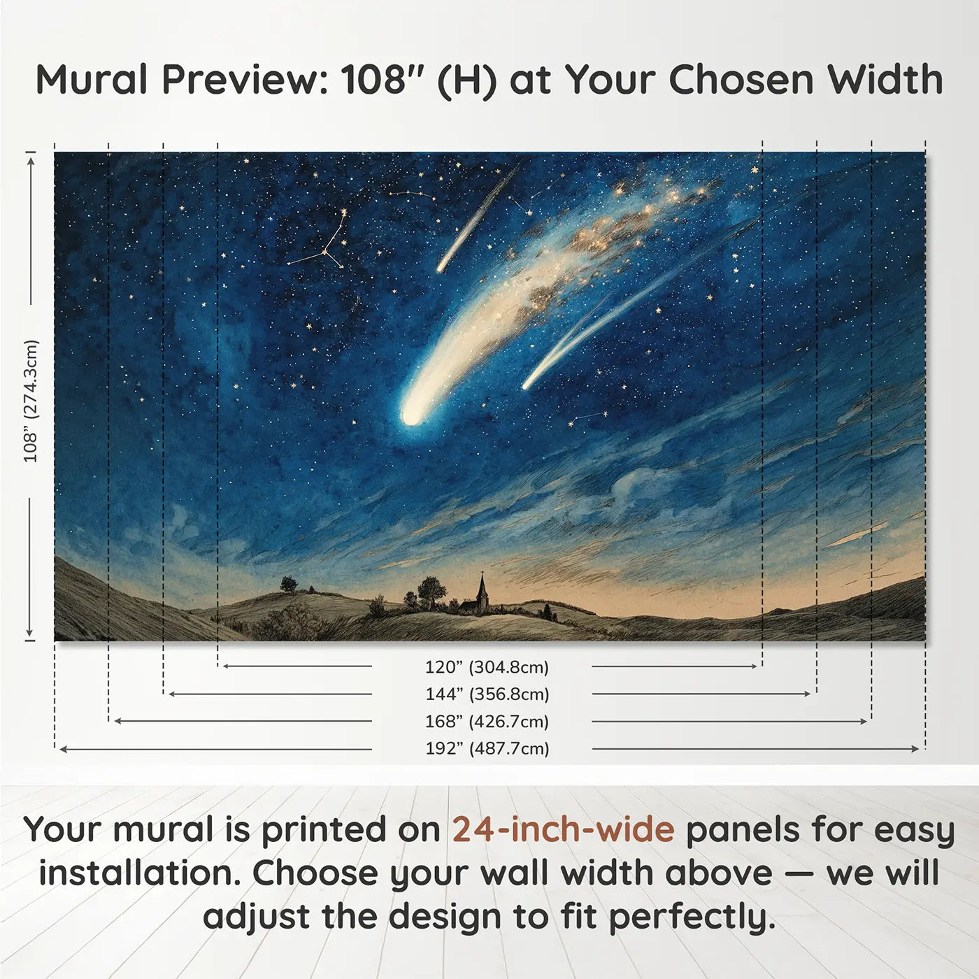 Panel layout and dimensions for Comet Crossing Night Sky Wallpaper Mural by Whimsy Tots