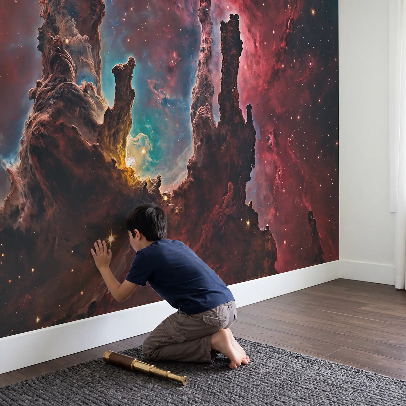 Child in nursery with Jewel Nebula Cathedral Wallpaper Mural by Whimsy Tots