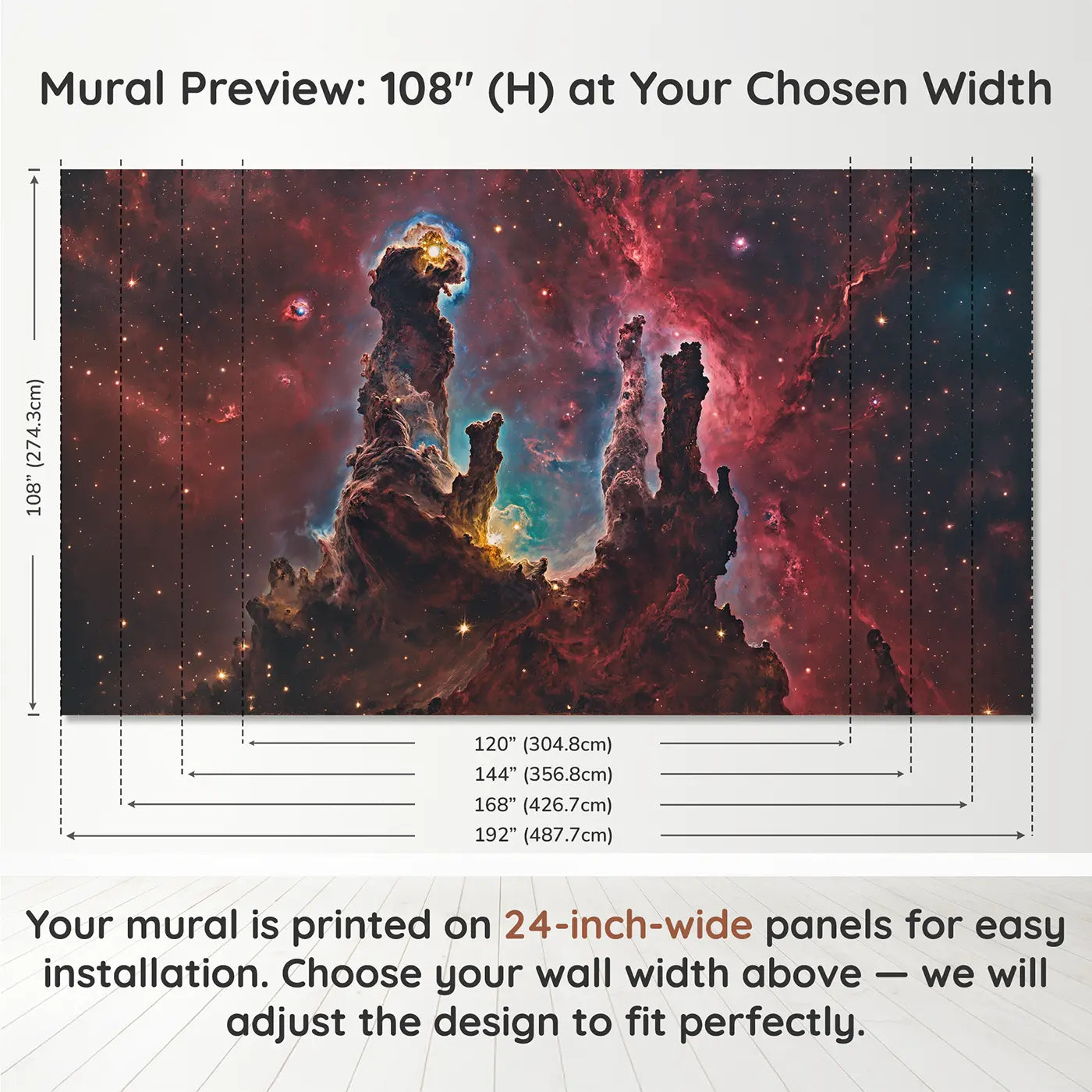 Panel layout and dimensions for Jewel Nebula Cathedral Wallpaper Mural by Whimsy Tots