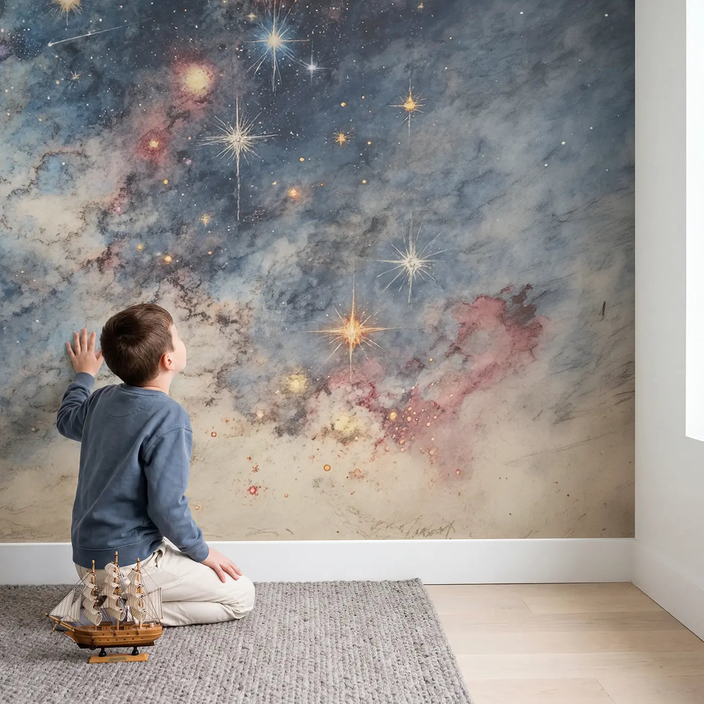 Child in nursery with Stellar Nursery Star Field Wallpaper Mural by Whimsy Tots