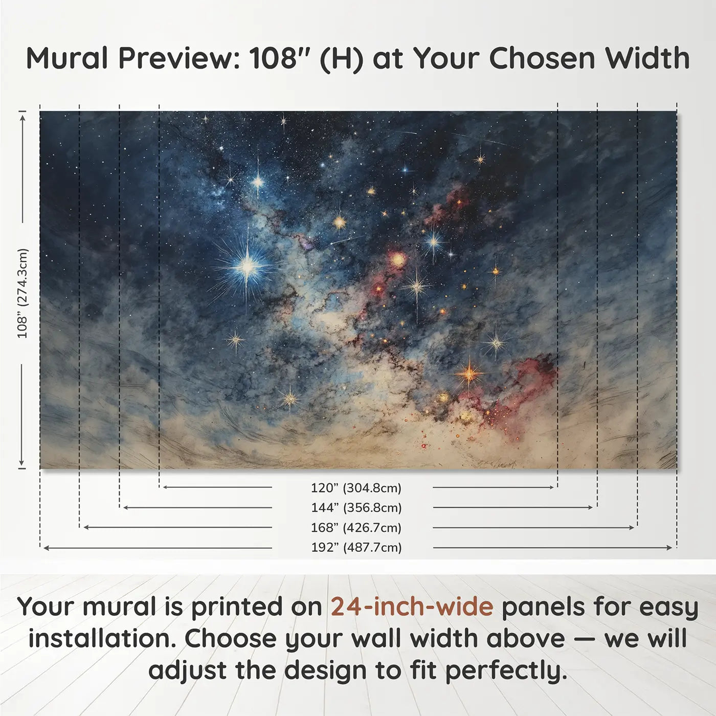 Panel layout and dimensions for Stellar Nursery Star Field Wallpaper Mural by Whimsy Tots