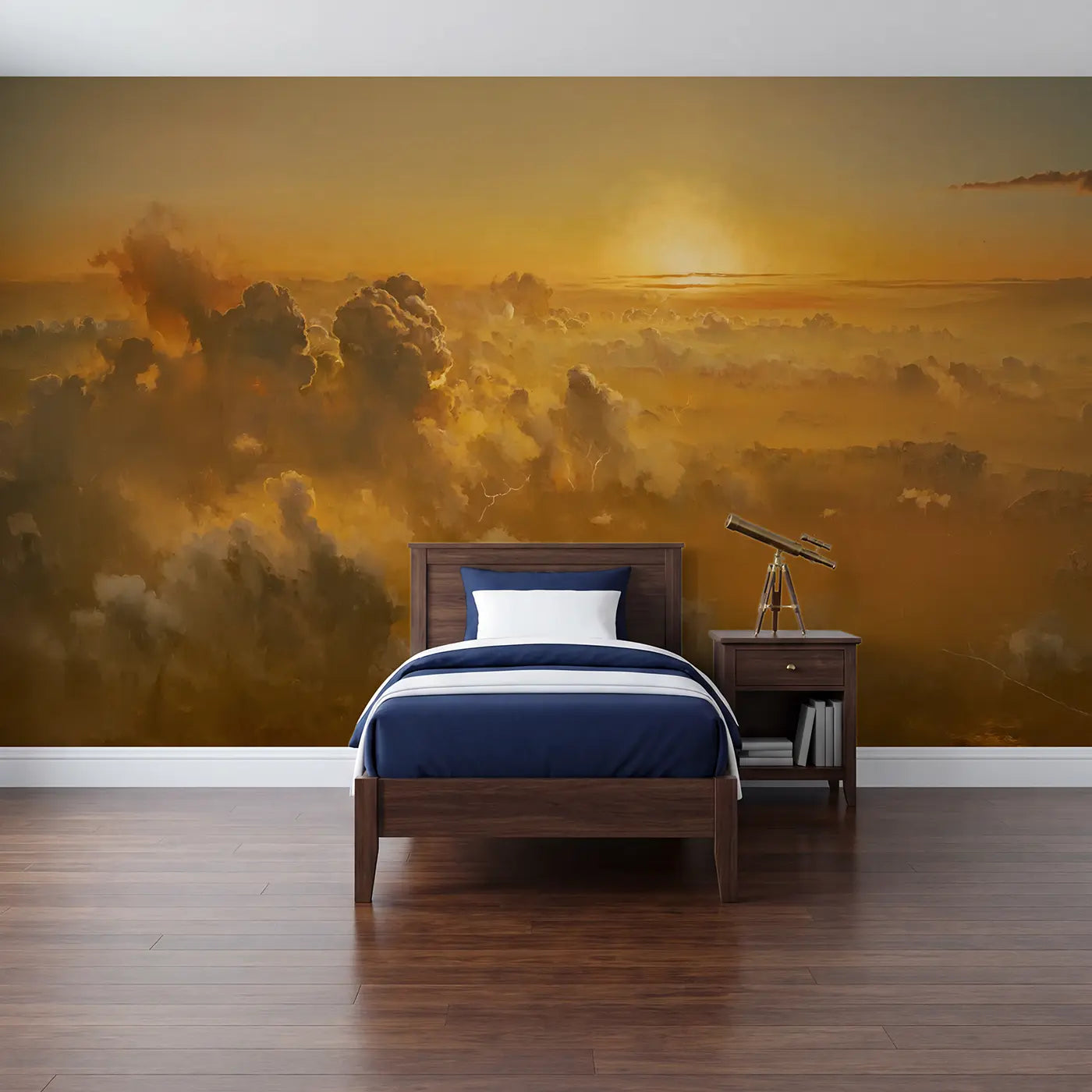 Painted planet and star wallpaper mural for kids room by Whimsy Tots