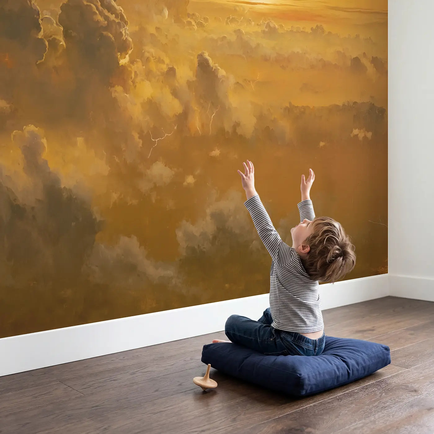 Child in nursery with Venus Cloud Top Sunset Wallpaper Mural by Whimsy Tots