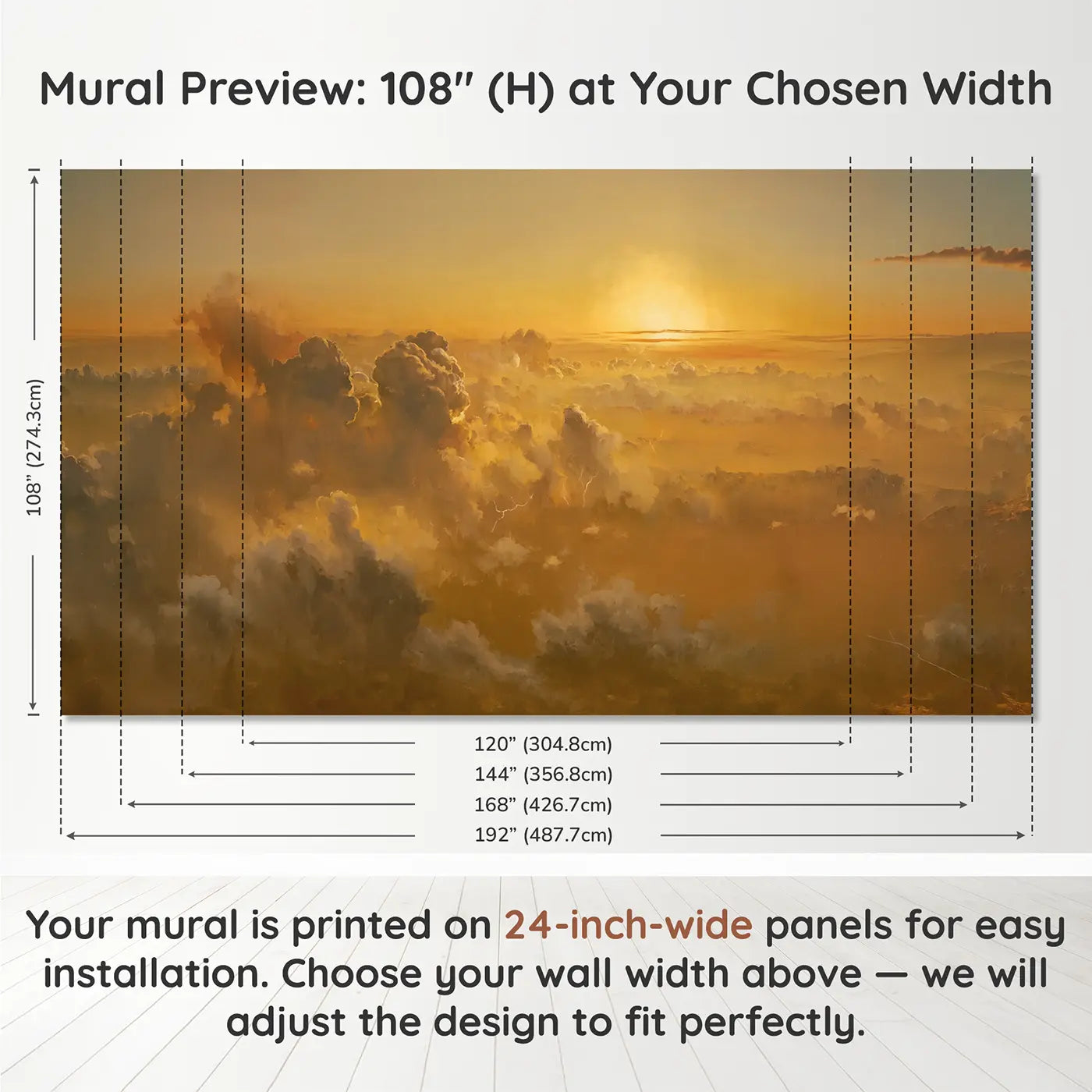 Panel layout and dimensions for Venus Cloud Top Sunset Wallpaper Mural by Whimsy Tots