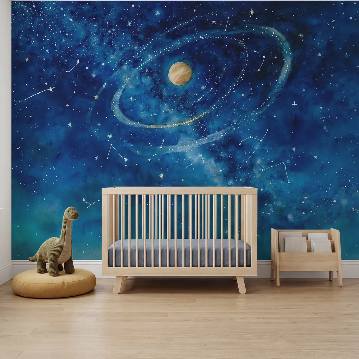 Watercolor planet starfield space wallpaper mural for boys room by Whimsy Tots