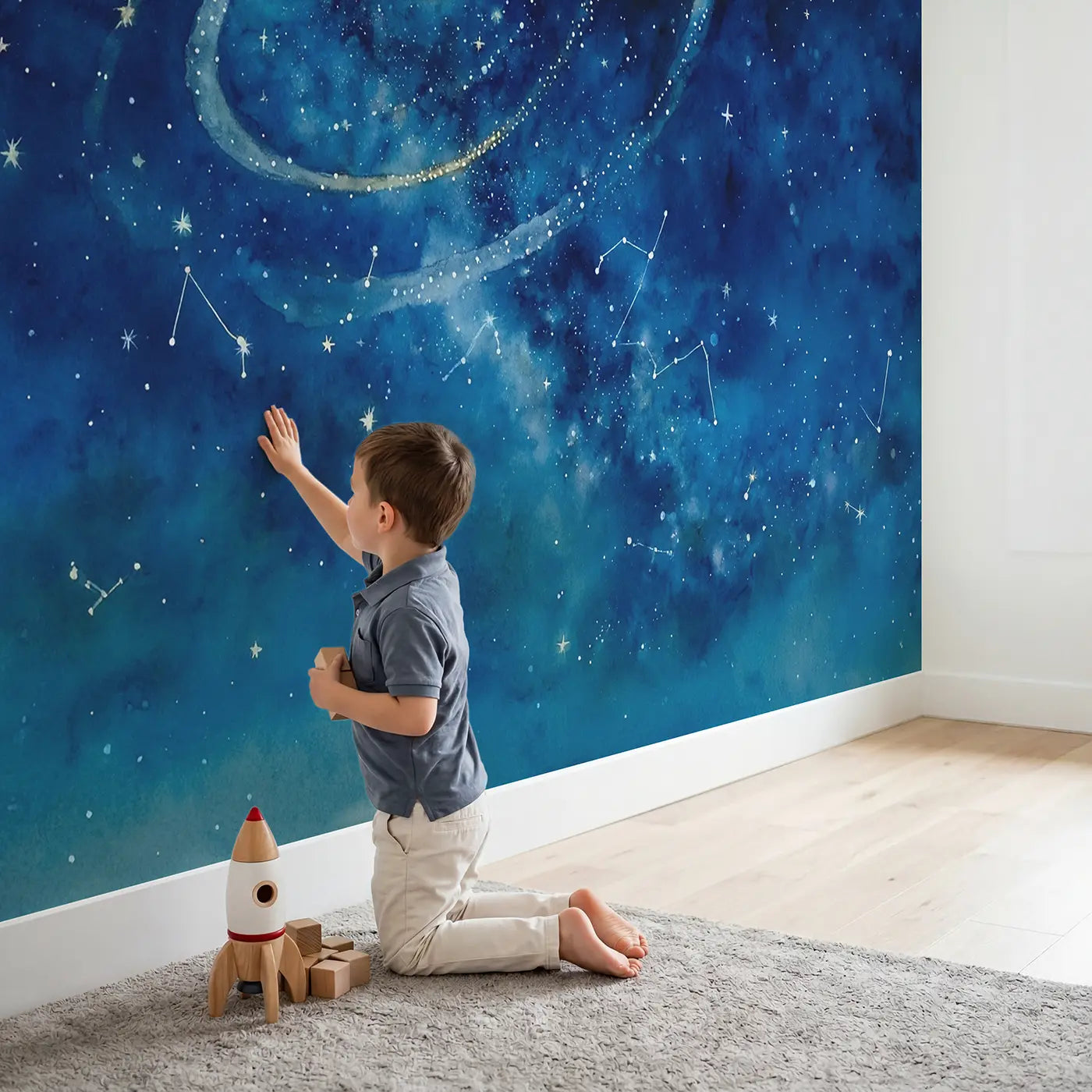 Child in nursery with Starfield Planet Path Wallpaper Mural by Whimsy Tots