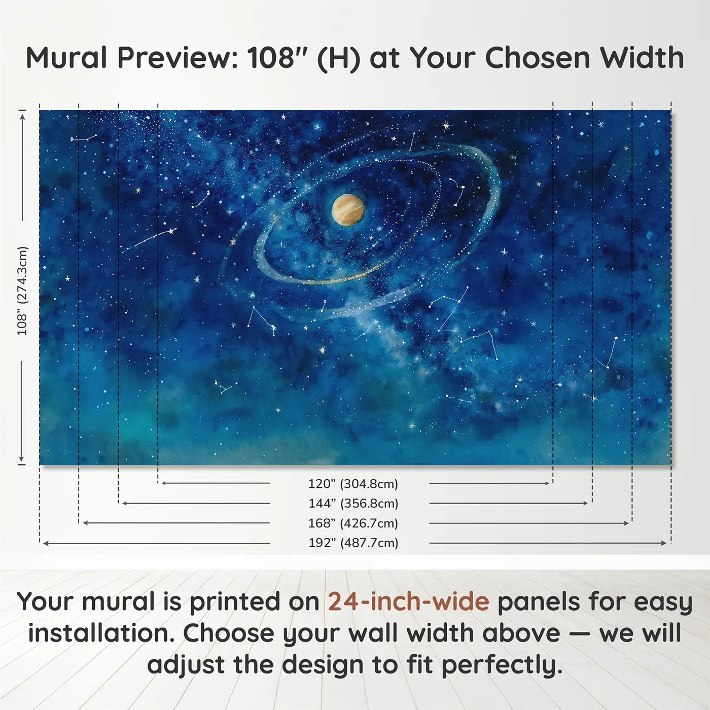 Panel layout and dimensions for Starfield Planet Path Wallpaper Mural by Whimsy Tots