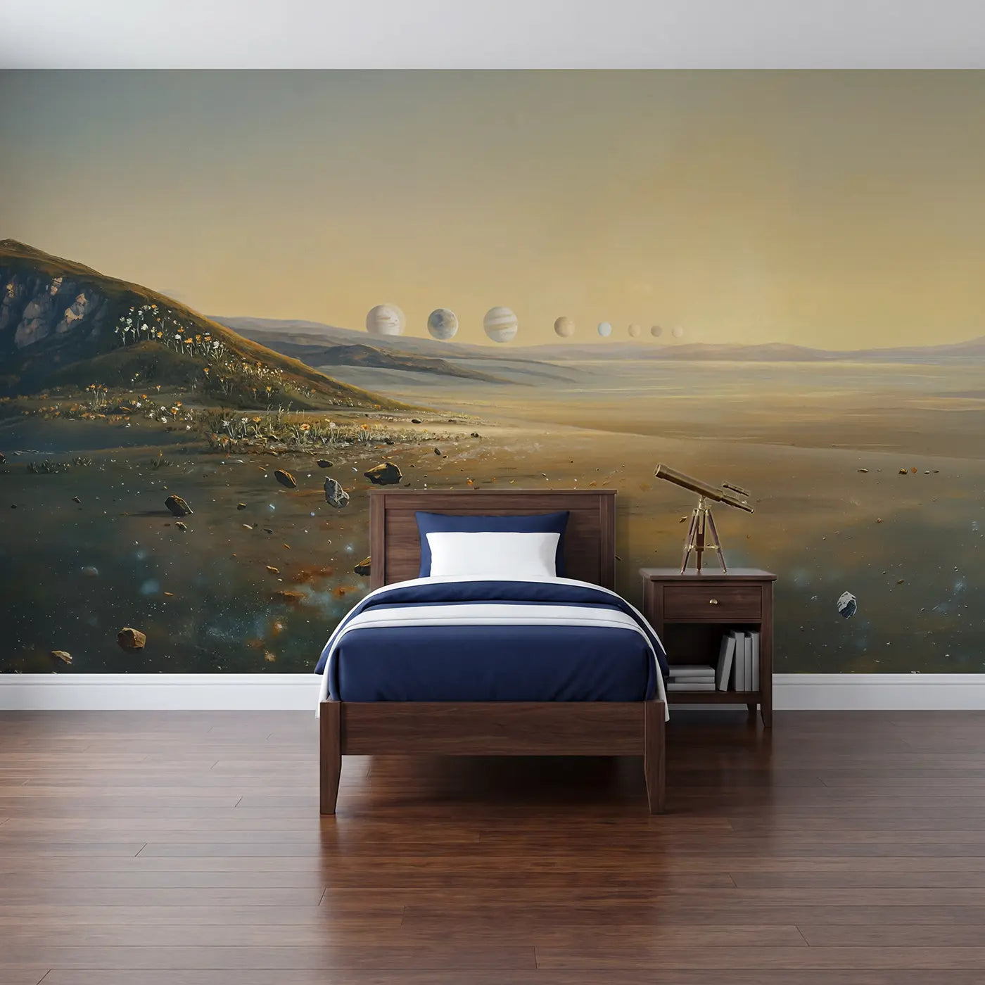 painted landscape planetary alignment dawn sky space wallpaper mural for kids room by Whimsy Tots