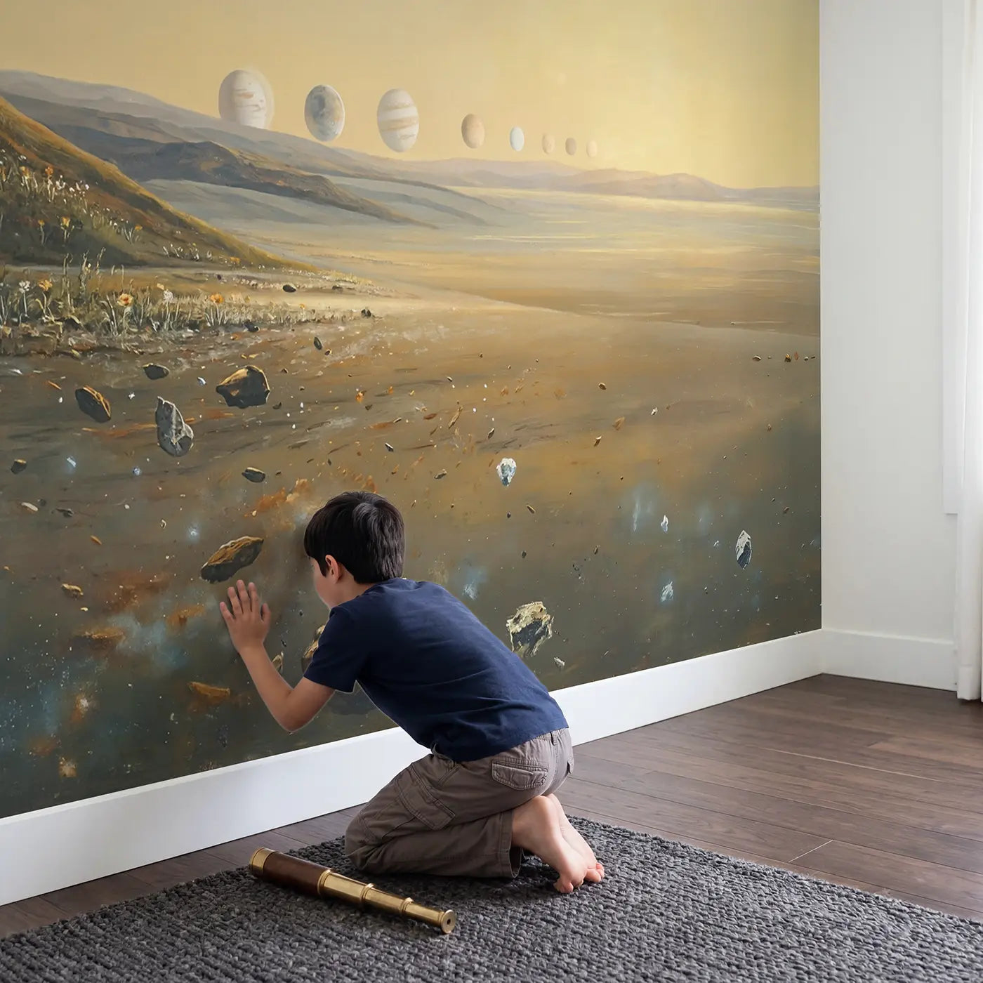 Child in nursery with Planetary Alignment Dawn Sky Wallpaper Mural by Whimsy Tots