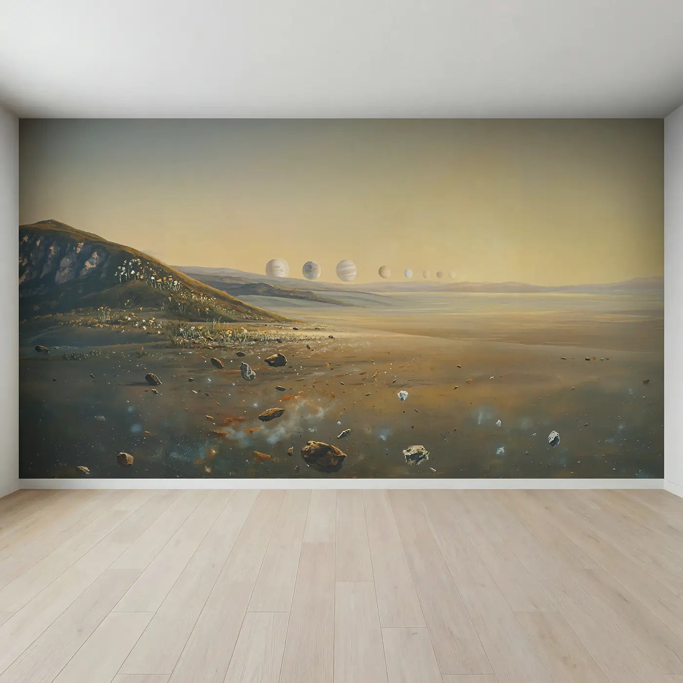 Full view of Planetary Alignment Dawn Sky Wallpaper Mural by Whimsy Tots