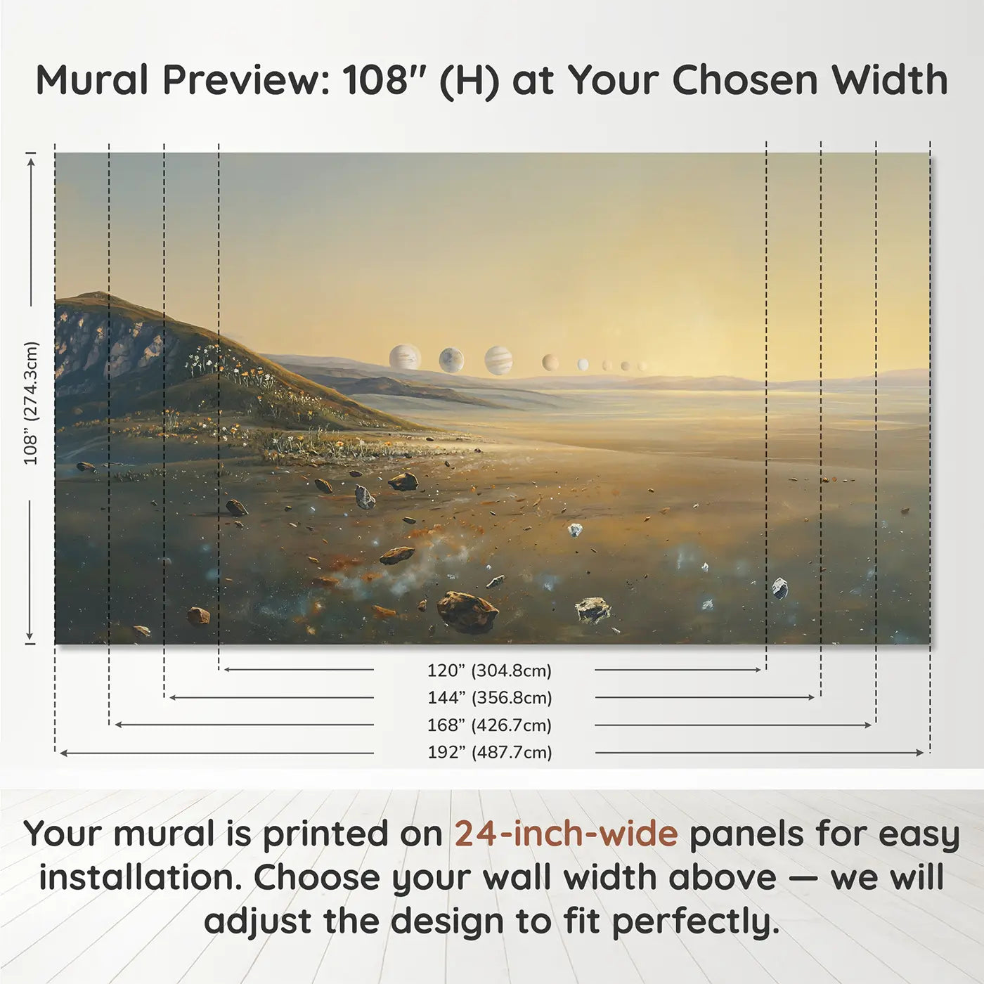 Panel layout and dimensions for Planetary Alignment Dawn Sky Wallpaper Mural by Whimsy Tots