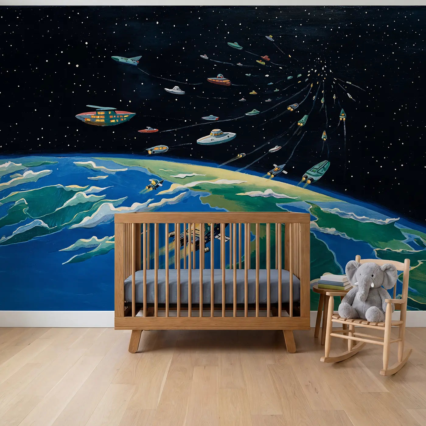 Gouache illustration rocket and planet wallpaper mural for boys room by Whimsy Tots