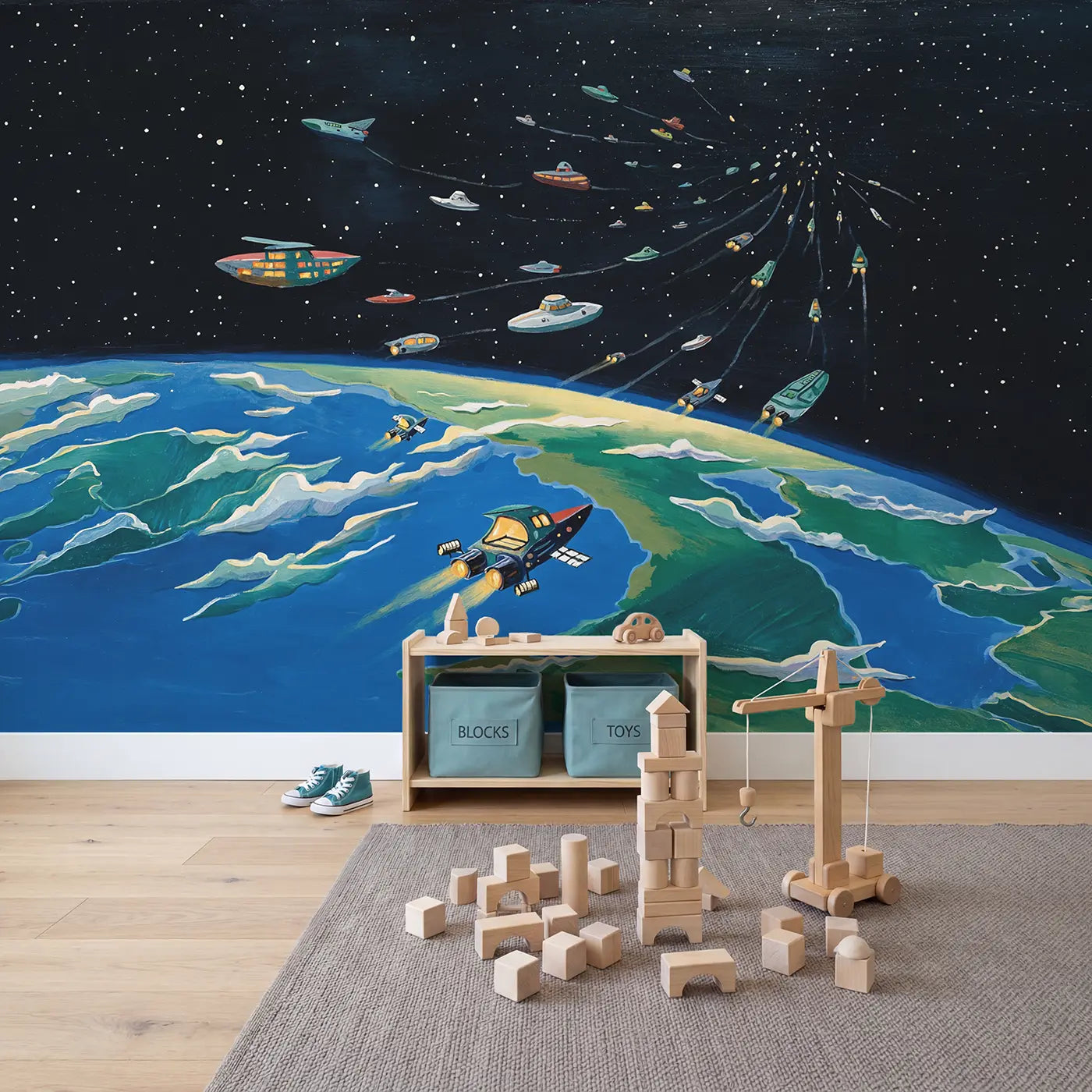 Spaceship Fleet Earth Departure Wallpaper Mural in playroom setting by Whimsy Tots