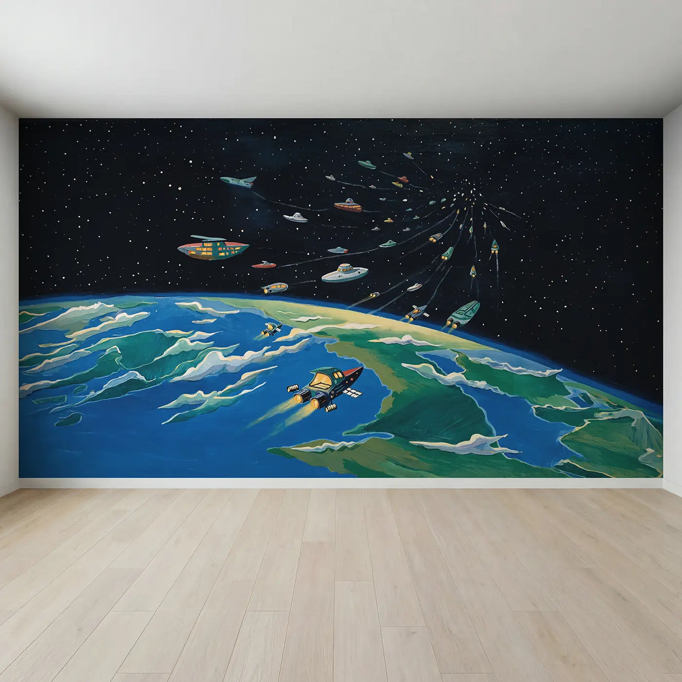 Full view of Spaceship Fleet Earth Departure Wallpaper Mural by Whimsy Tots