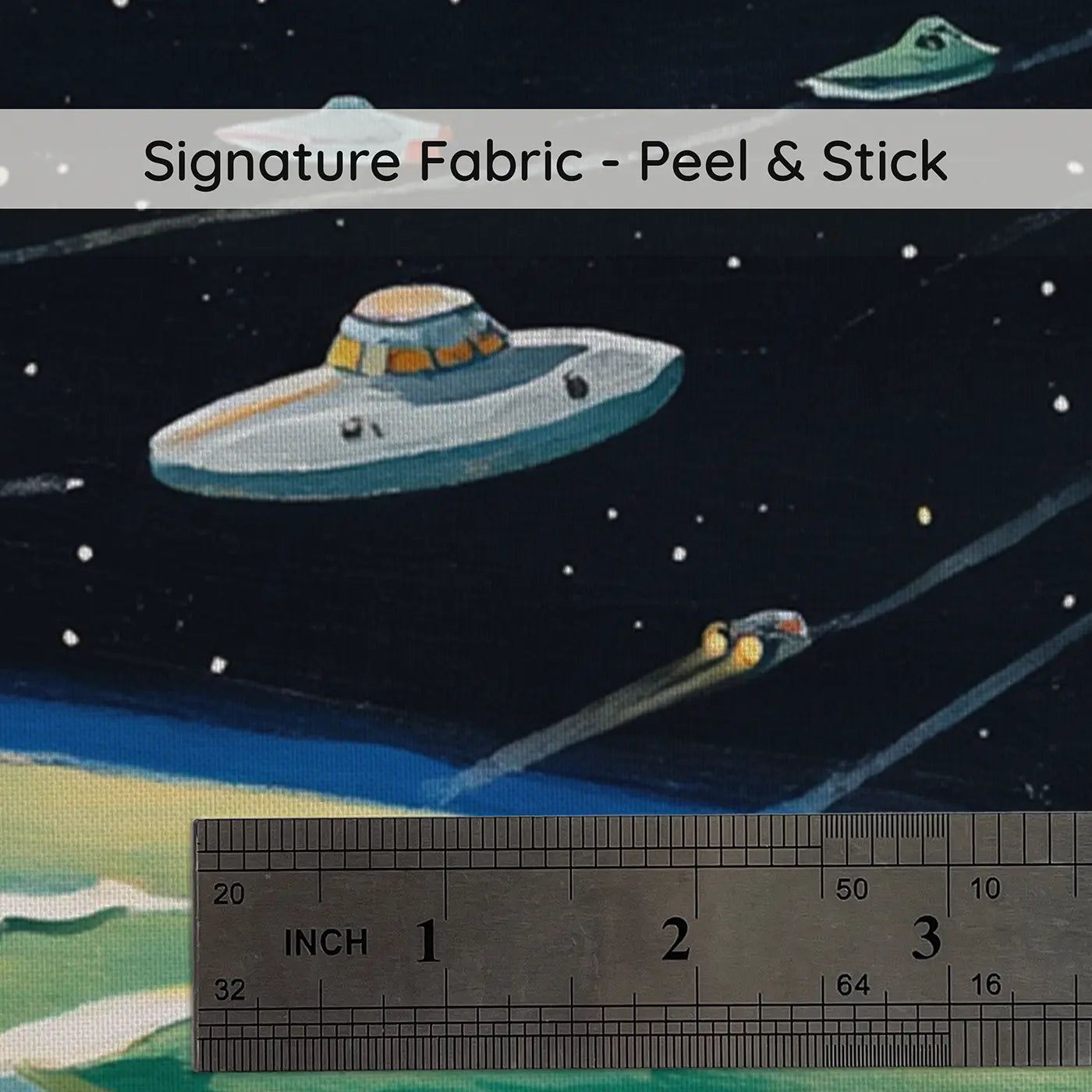 Fabric texture close-up of Spaceship Fleet Earth Departure Wallpaper Mural by Whimsy Tots