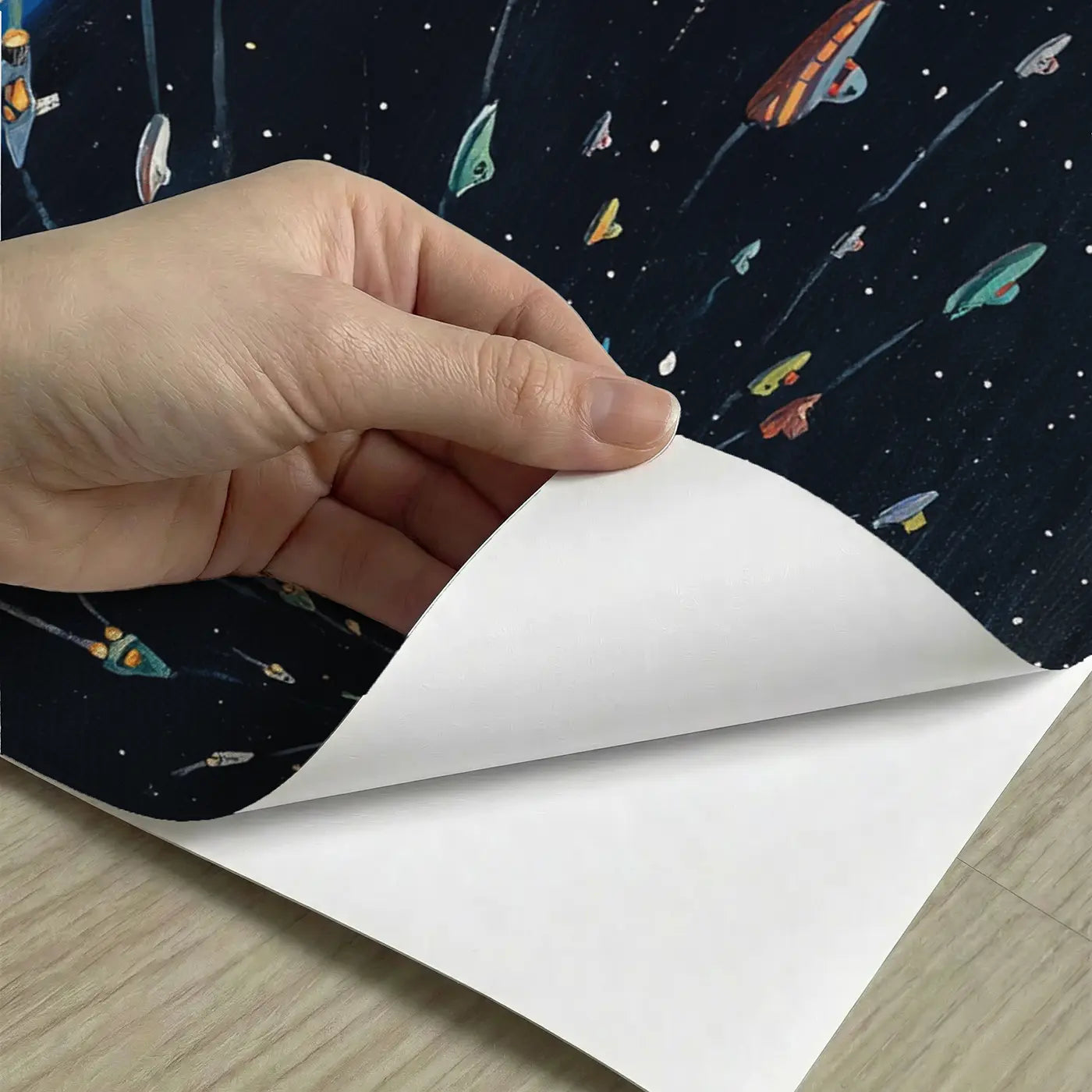 Peel-and-stick detail of Spaceship Fleet Earth Departure Wallpaper Mural by Whimsy Tots