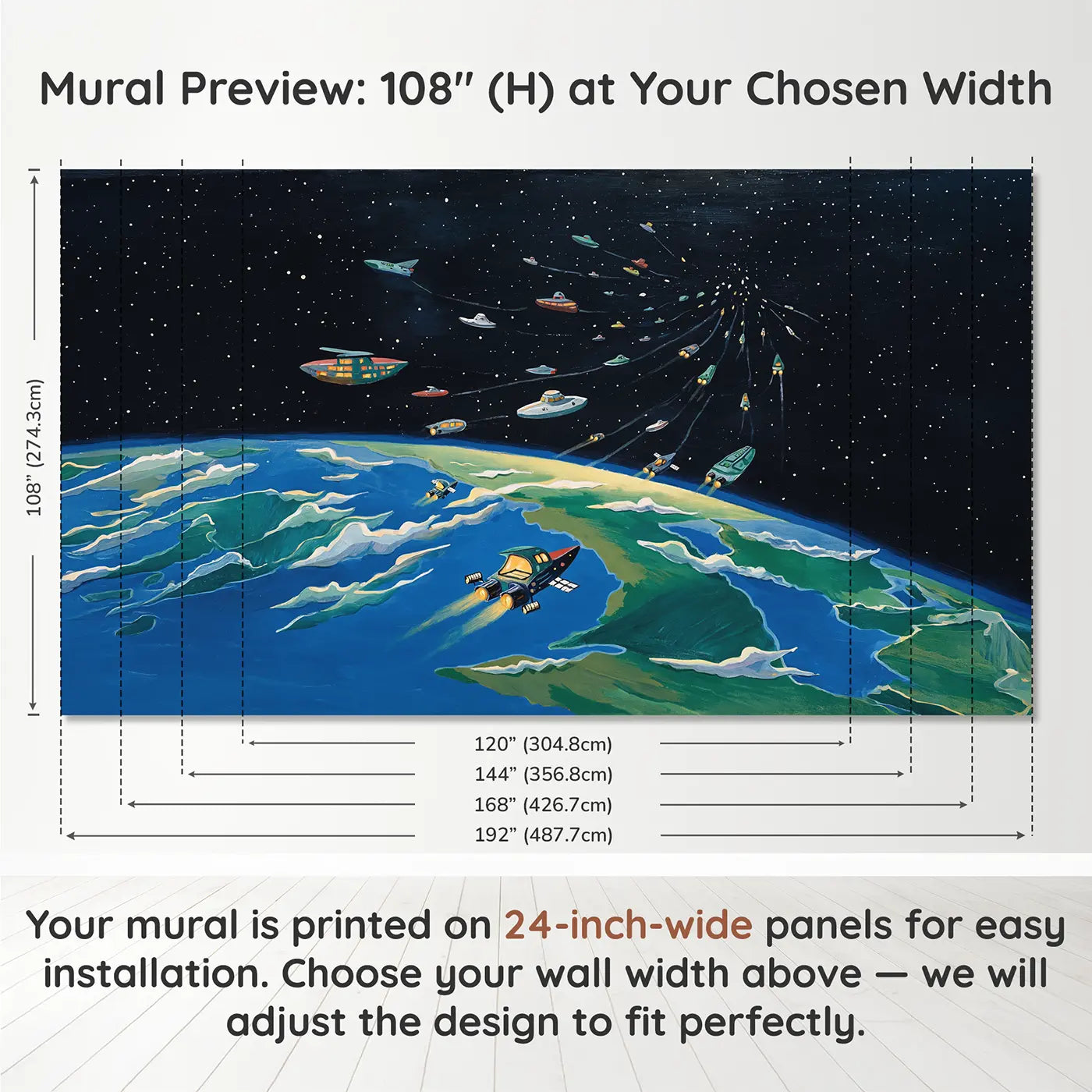 Panel layout and dimensions for Spaceship Fleet Earth Departure Wallpaper Mural by Whimsy Tots