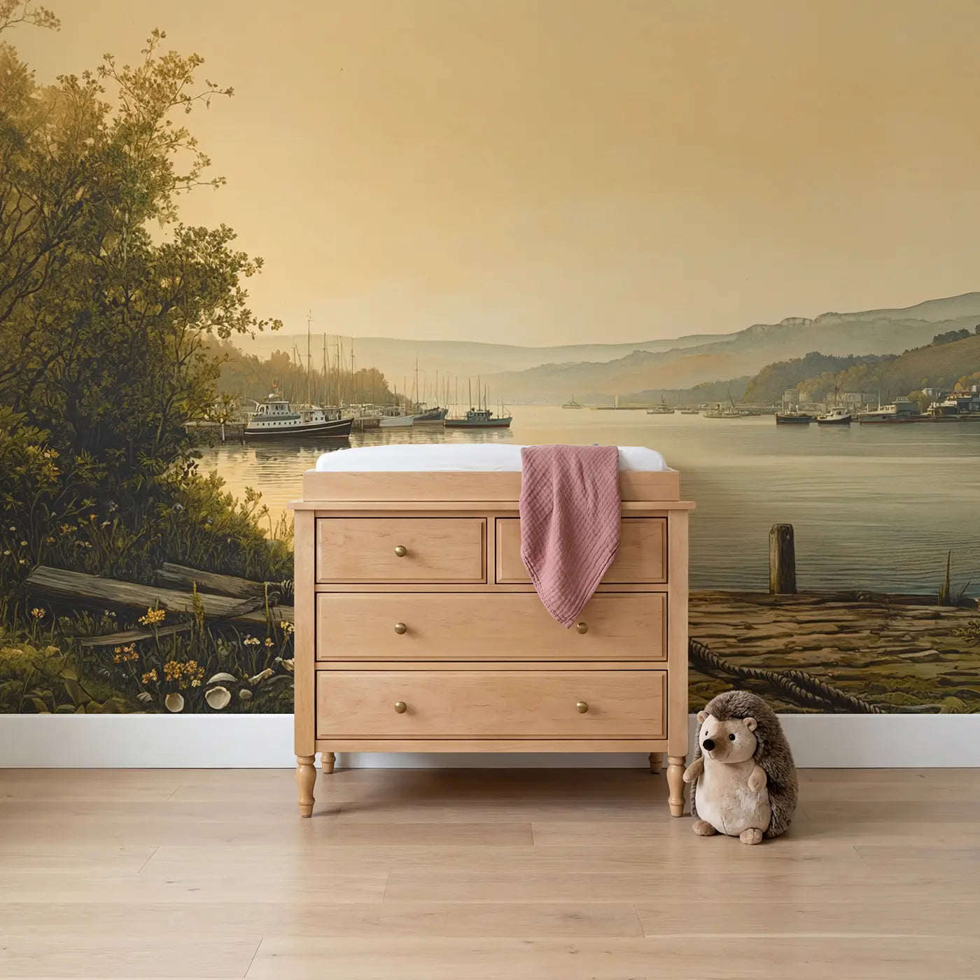 Block print harbor boats dawn coastal wallpaper mural for girls room by Whimsy Tots