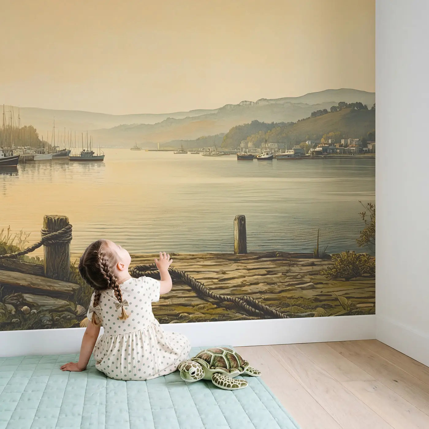 Child in nursery with Harbor Dawn Boats Types Wallpaper Mural by Whimsy Tots