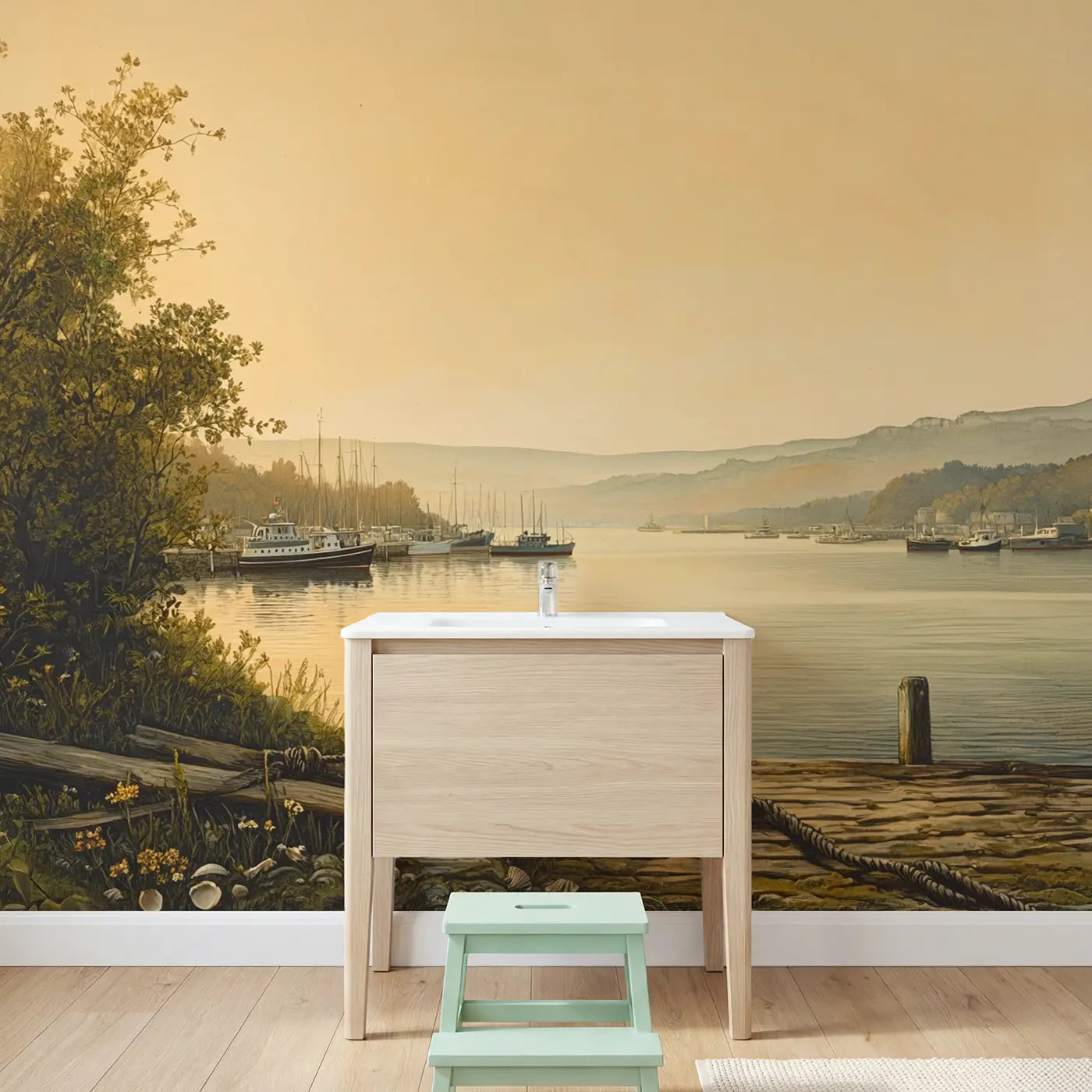 Harbor Dawn Boats Types Wallpaper Mural in playroom setting by Whimsy Tots
