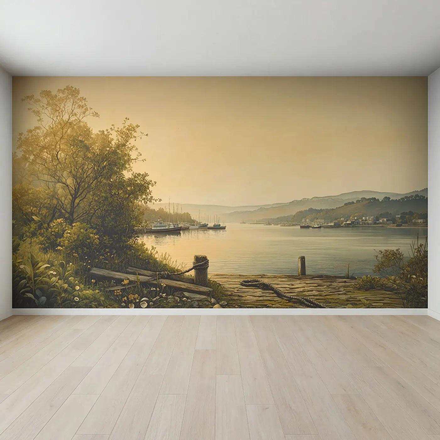 Full view of Harbor Dawn Boats Types Wallpaper Mural by Whimsy Tots
