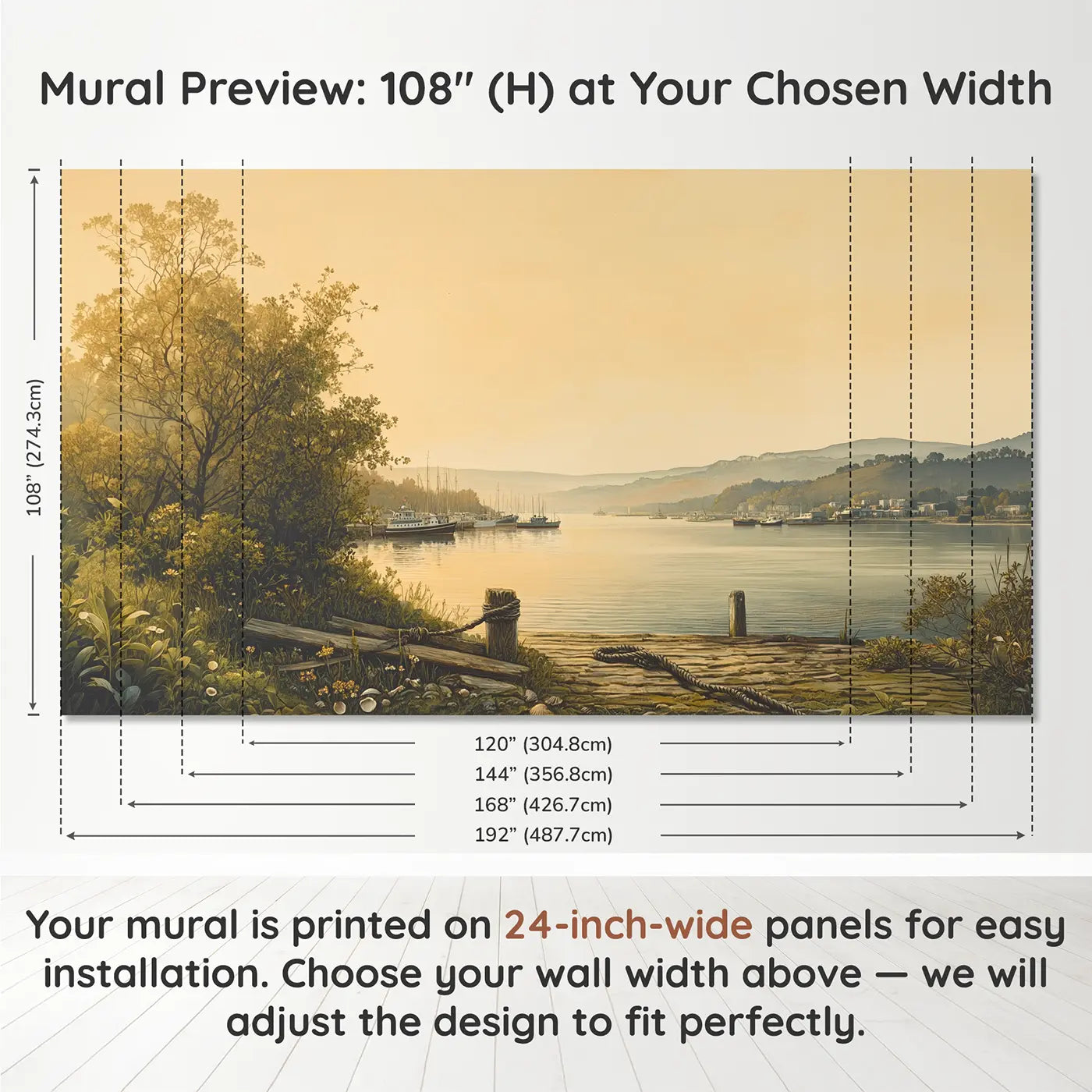 Panel layout and dimensions for Harbor Dawn Boats Types Wallpaper Mural by Whimsy Tots