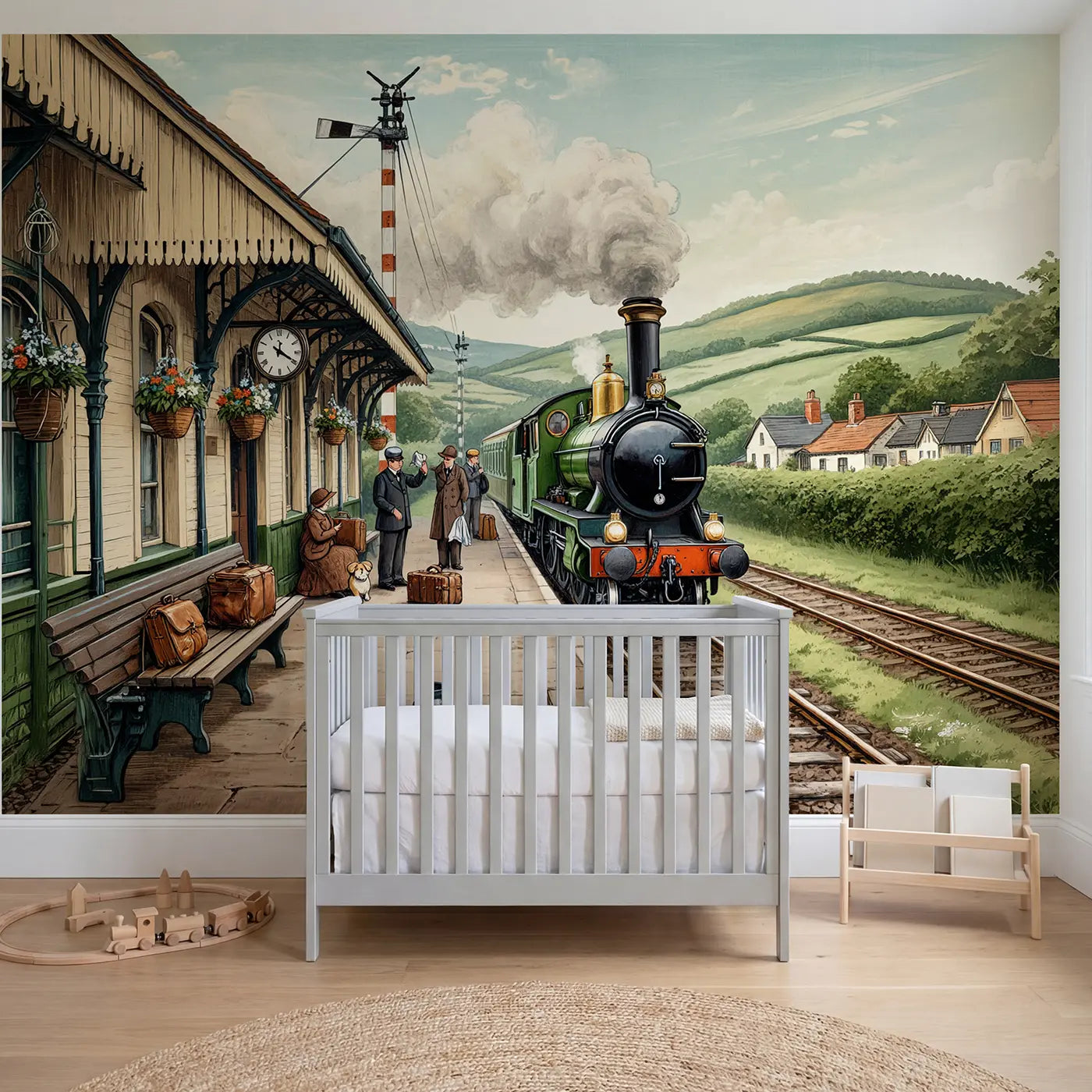 Block print steam train station morning wallpaper mural for kids room by Whimsy Tots