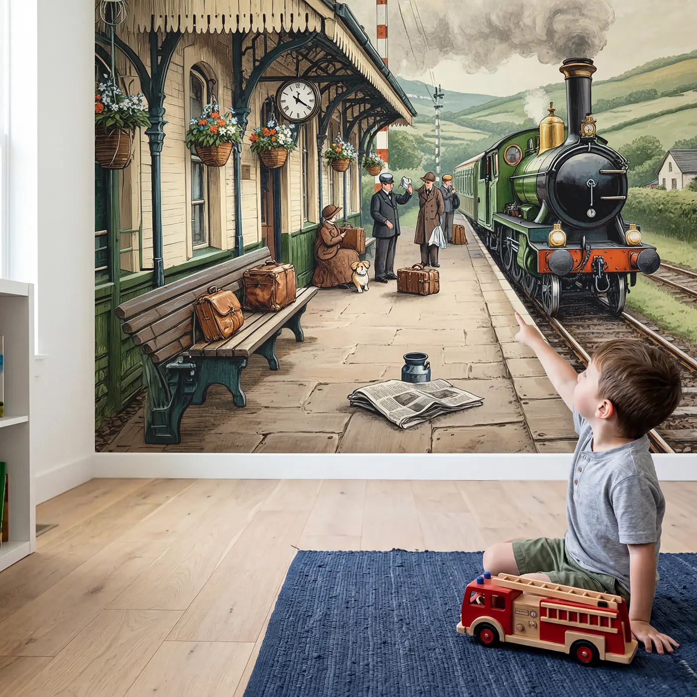 Child in nursery with Morning Steam Train Station Wallpaper Mural by Whimsy Tots