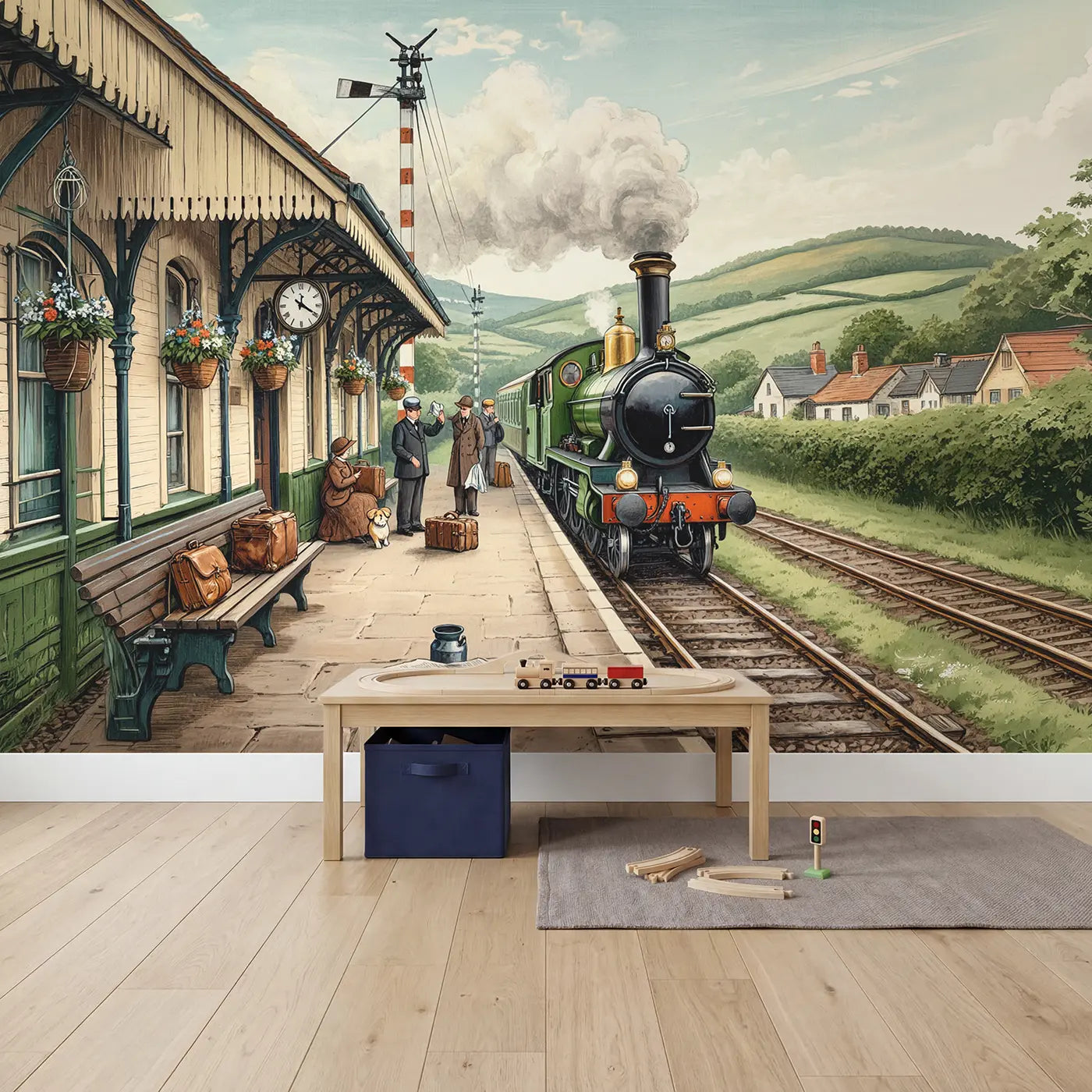 Morning Steam Train Station Wallpaper Mural in playroom setting by Whimsy Tots