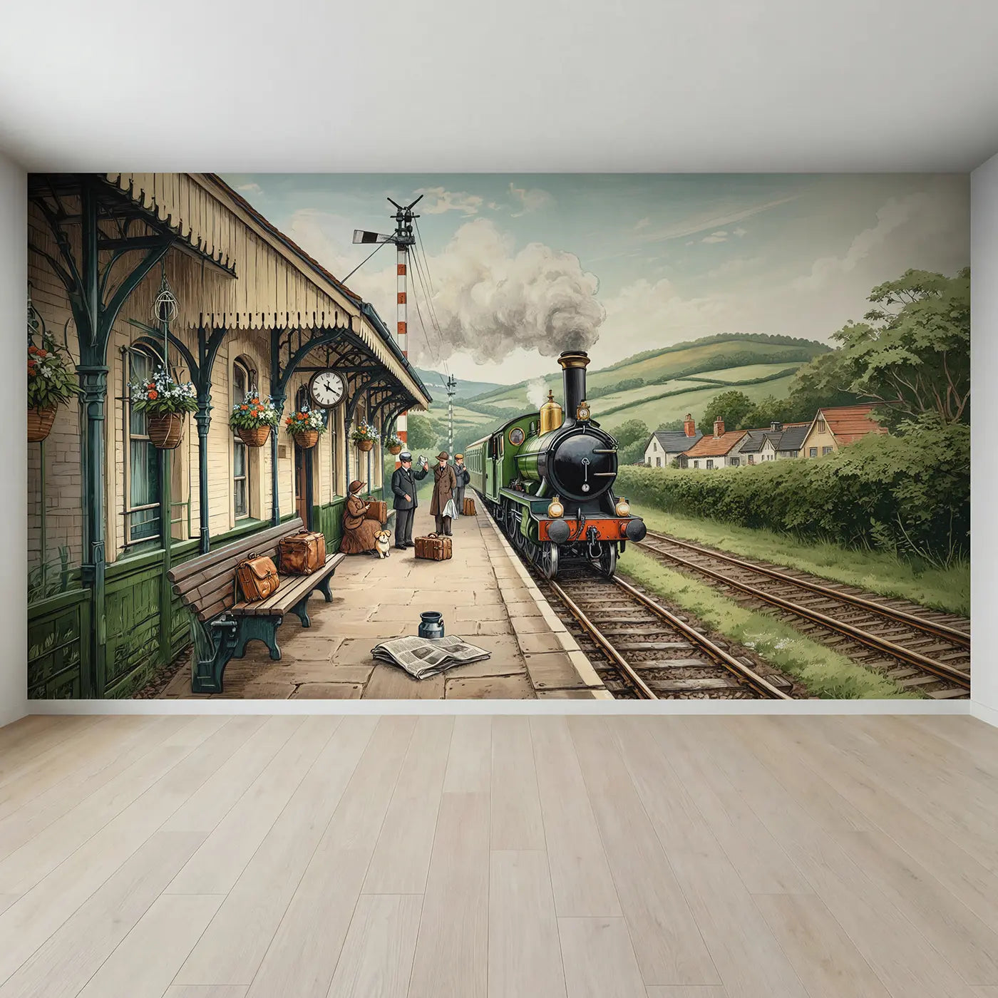 Full view of Morning Steam Train Station Wallpaper Mural by Whimsy Tots