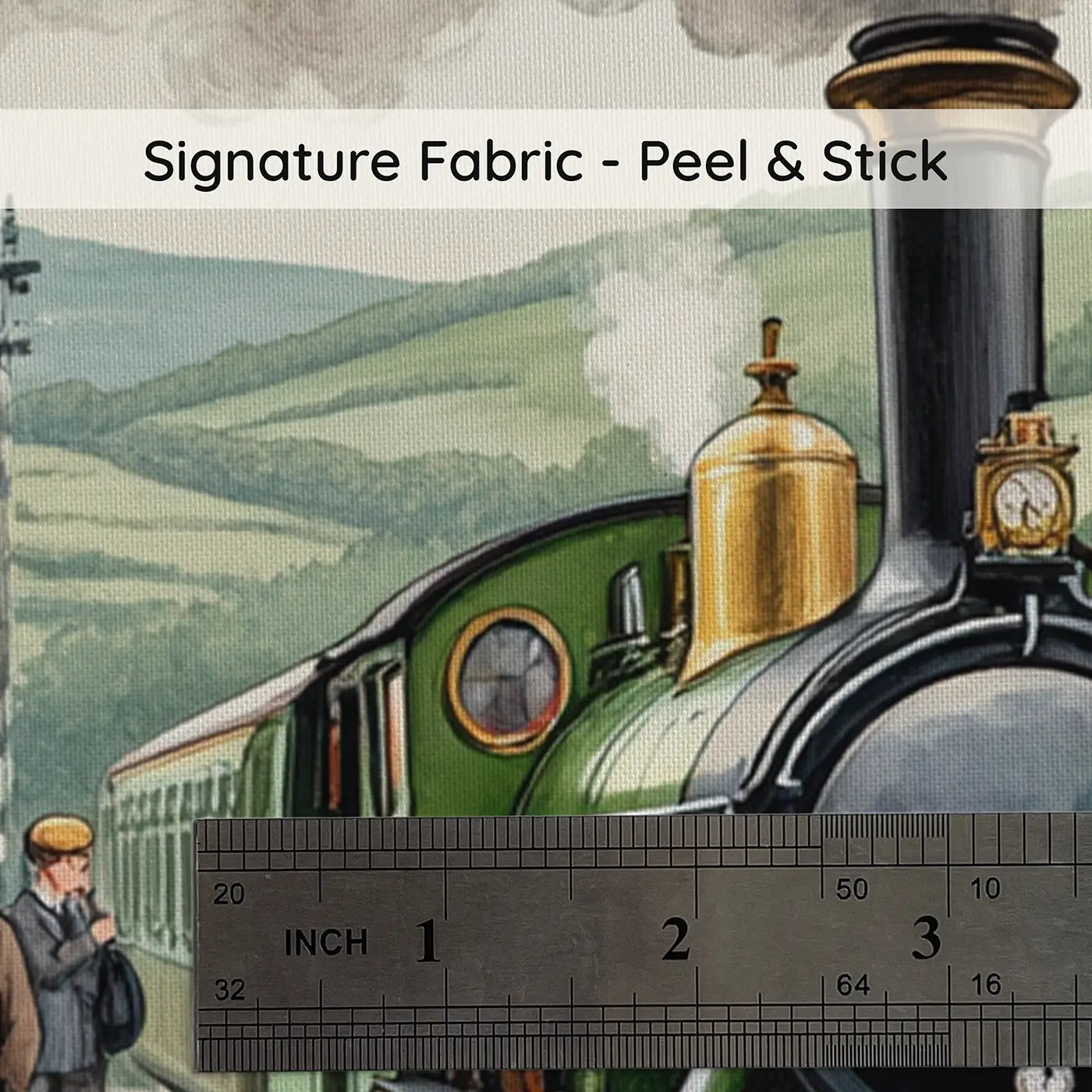 Fabric texture close-up of Morning Steam Train Station Wallpaper Mural by Whimsy Tots