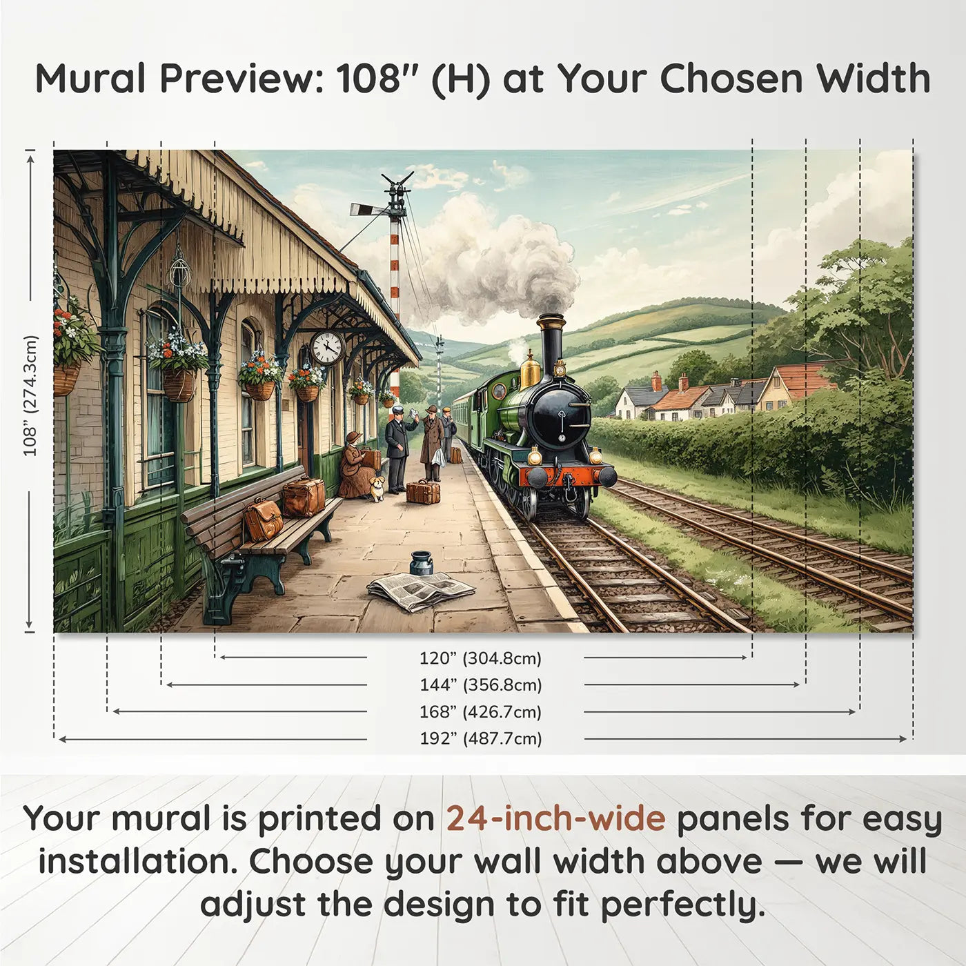 Panel layout and dimensions for Morning Steam Train Station Wallpaper Mural by Whimsy Tots