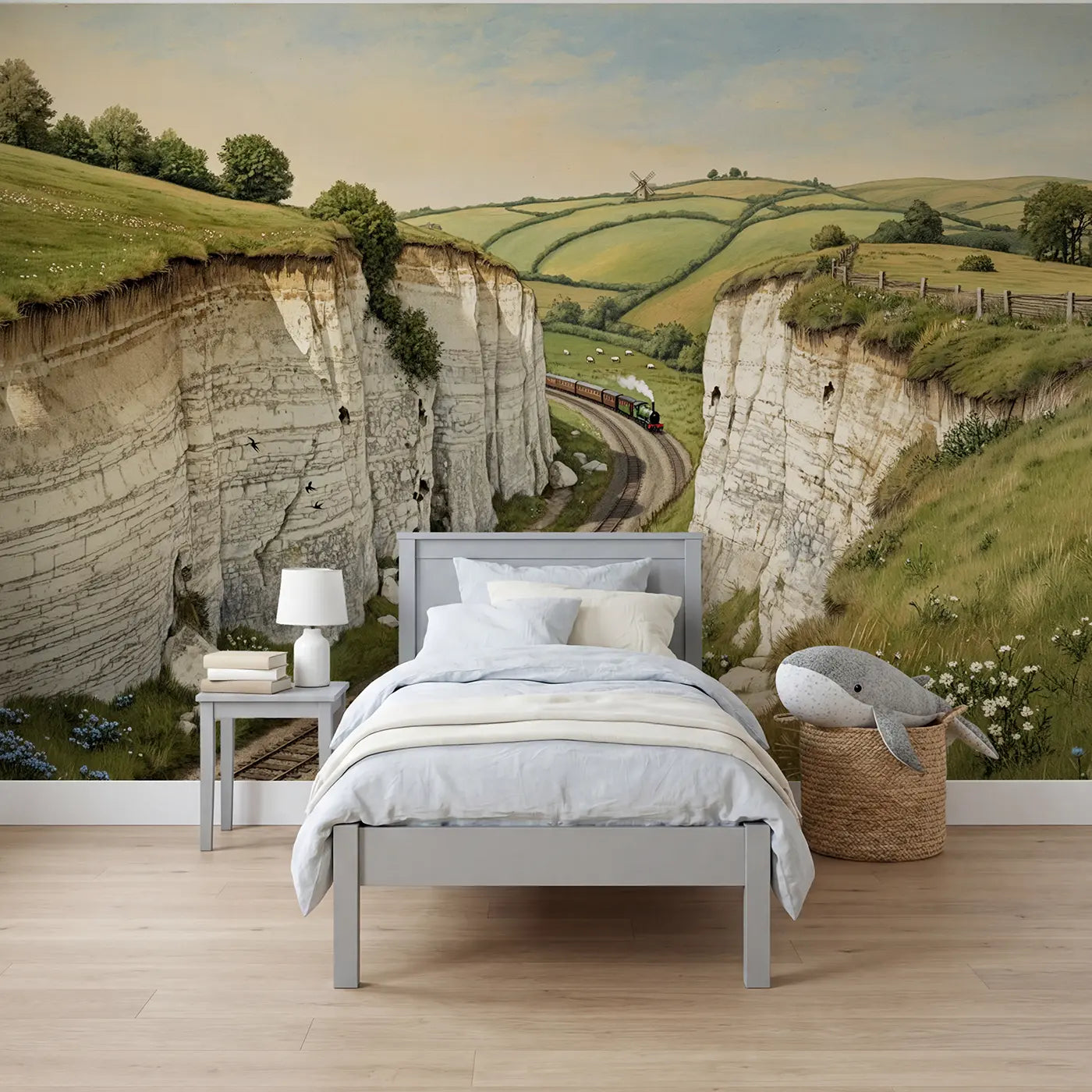 Storybook chalk downland railway cutting wallpaper mural for boys room by Whimsy Tots